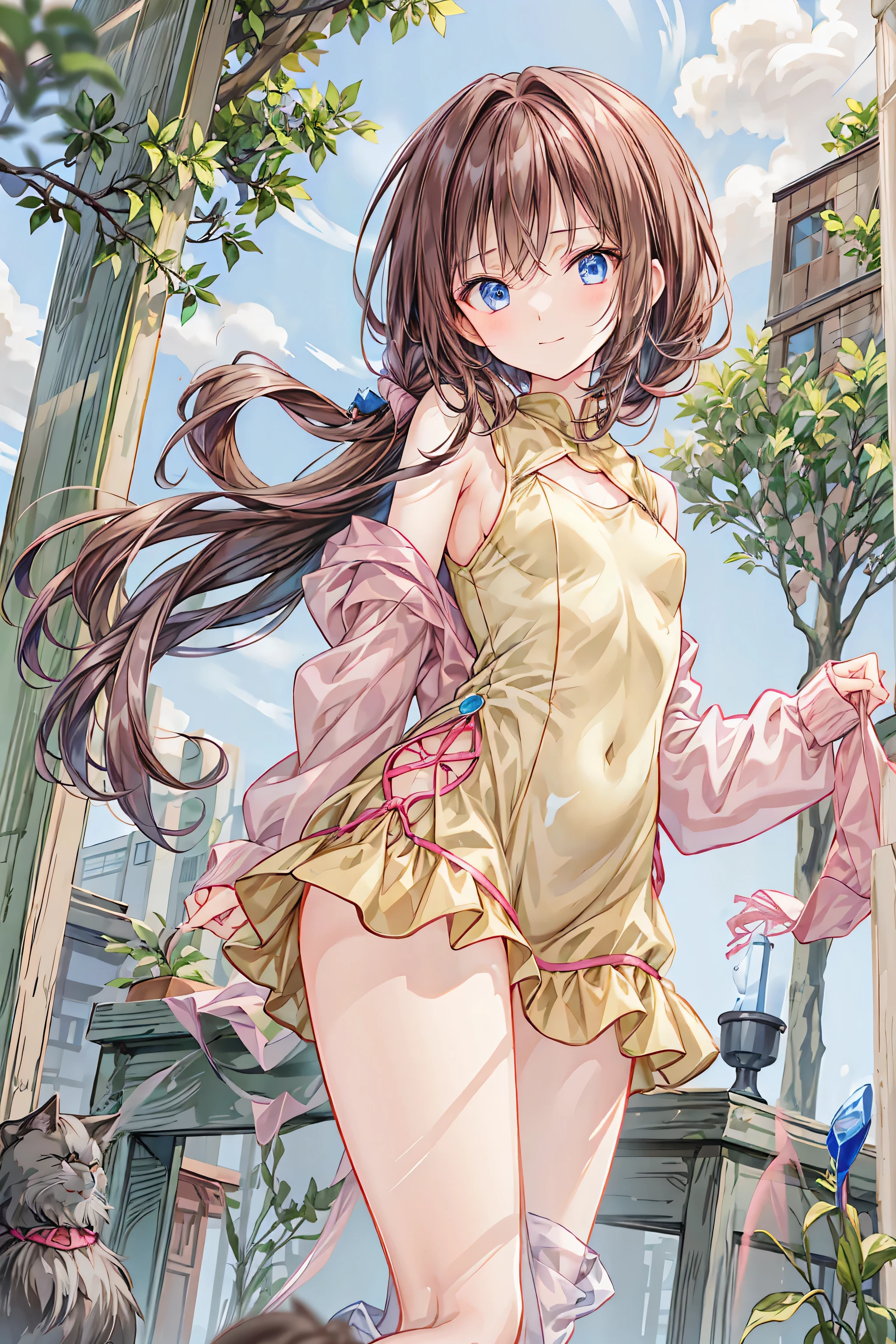 pink,Wear a hoodie。Nice,beautiful night scene background , stand on tiptoes , upright, correct posture, rear view, small breasts, flat chest ,((from below:1.2)), Hair,shortcuts,unkempt hair,Short braided hair,Neat, slender beautiful woman, correct posture,Small chest,beautiful legs,Seductive Gray-Blue Eyes Shine Like Stars,droopy eyes,Brilliant Color,beautiful eyes,A delicate smile,Textured Skin,best quality, gentle and beautiful woman ,anime style、