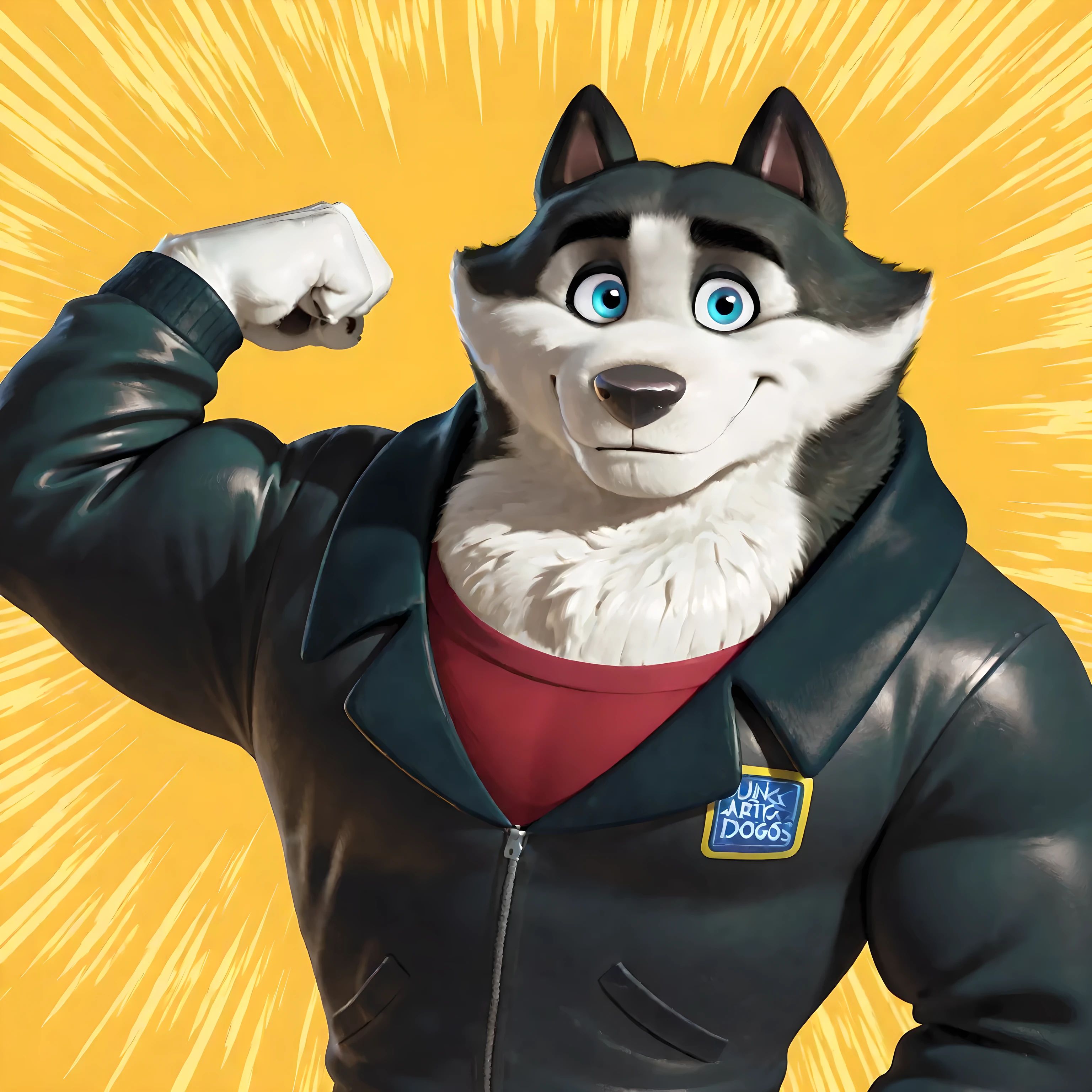 Duke (Arctic Dogs), anthro dog, black fur, white fur, male, blue eyes, black jacket, high quality, half body, flexing, looking at viewer, solo, simple background