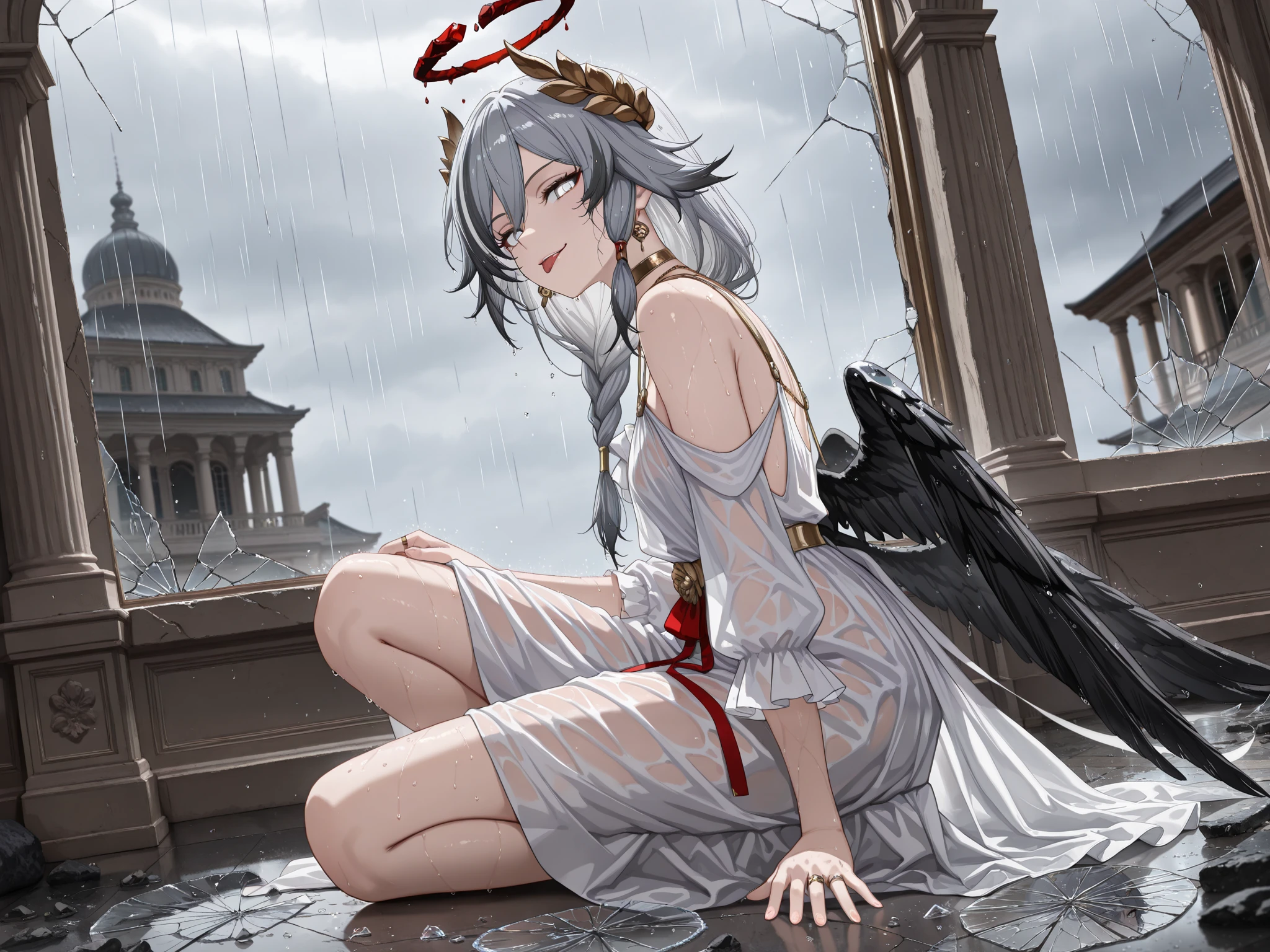 by [|inoitoh||arknights],
1girl, solo, alone, single character, (FuHua, Fol005, Fh_Hos:0.66), (side shot, dynamic shot, medium shot:1.2),fu hua, white and gold toga, gray hair, white hair braided hair, multicolored hair, white eyes, ring eyes, broken red and bleeding halo, greco-roman clothes, ancient greek clothes, gold choker, laurel crown, shattered body, ((shattered glass, broken glass:1.3), fallen angel aesthetic french dress:1.4), french royalty, french princess, french aristocrat, assassin's creed, 
looking at viewer, greco-roman architecture, smirk, wet clothes, teasing, rain, wet body, wet hair, shining skin, seductive pose, on her knees, kneeling, head raised to the sky, showering in the rain, sticking her tongue out, licking the rain,
(mature, exquisite detail, 8k, 4k, sharp focus, ultra-detailed, detailed background, absurdres, best quality, amazing quality, very aesthetic, high resolution, newest, hyper-detailed:0.78)
 