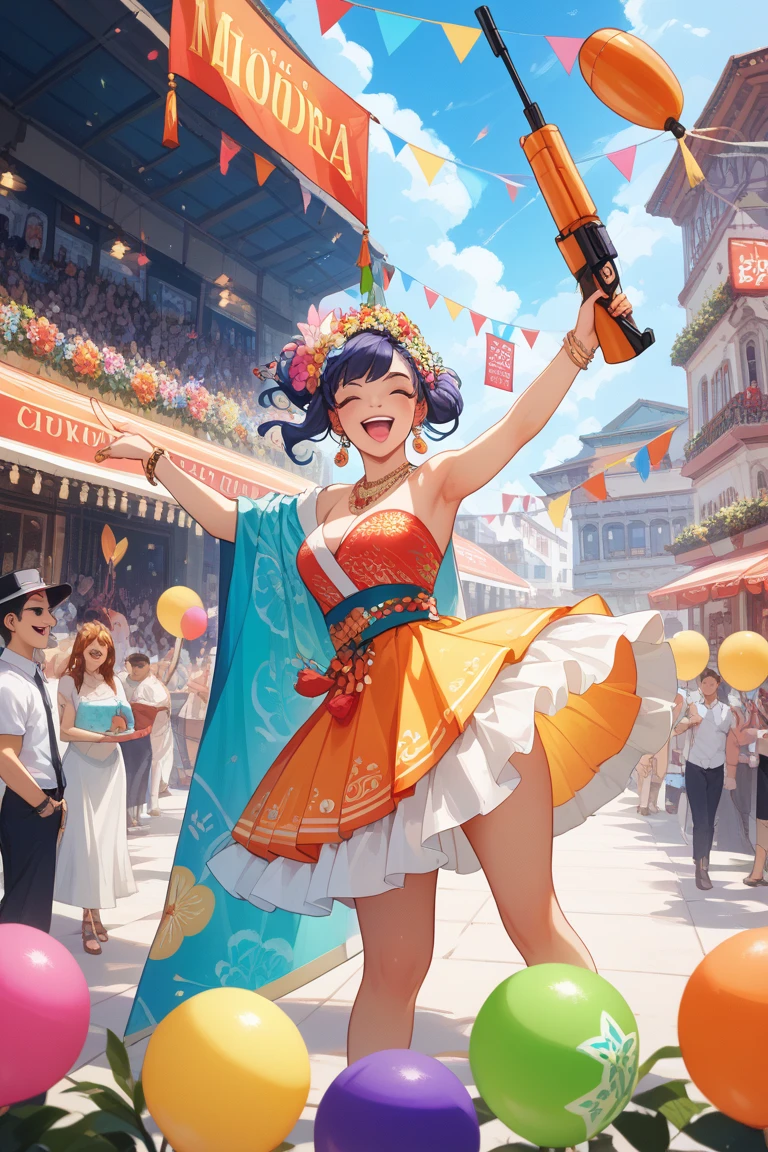 (masterpiece:1.5), (bestquality), (highlydetailed), 1boy , (full gear soldiers:1.5), (running), (beside him: girl in bikini top and shorts:1.2), (both holding large beer mugs), (cheerful expressions), (Oktoberfest setting:1.4), (soldiers lining the street), (soldiers clapping and cheering), (festive atmosphere), (colorful festival decorations), (beer tents in the background), (traditional Bavarian elements), (celebration scene), (bright and warm lighting), (dynamic motion), (motion blur effect), (festival energy), (crowd enjoying the event),