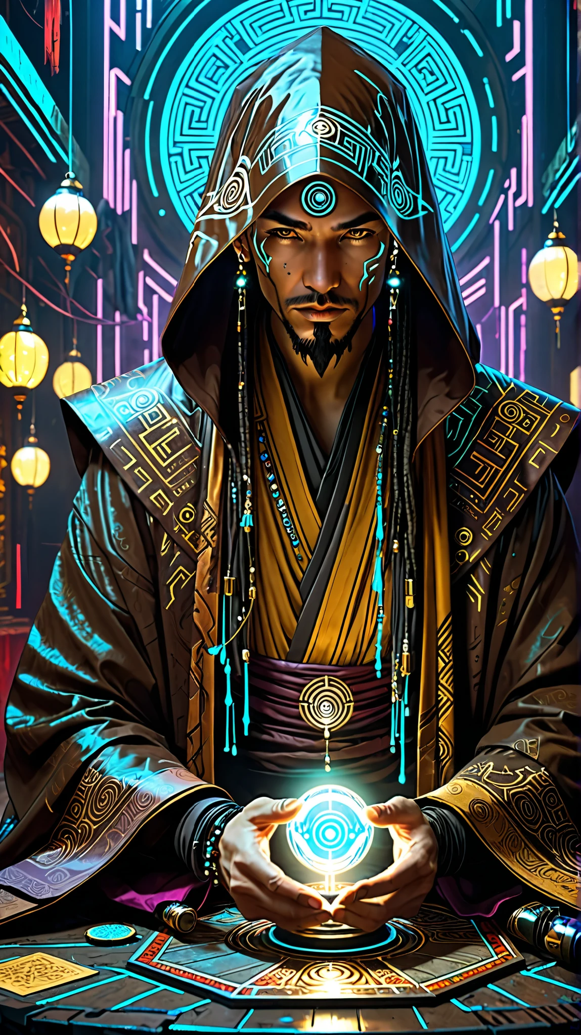 There is no one around.
Cyberpunk inspired.
He has a brown tattered robe over his head.
He is a fortune teller master.