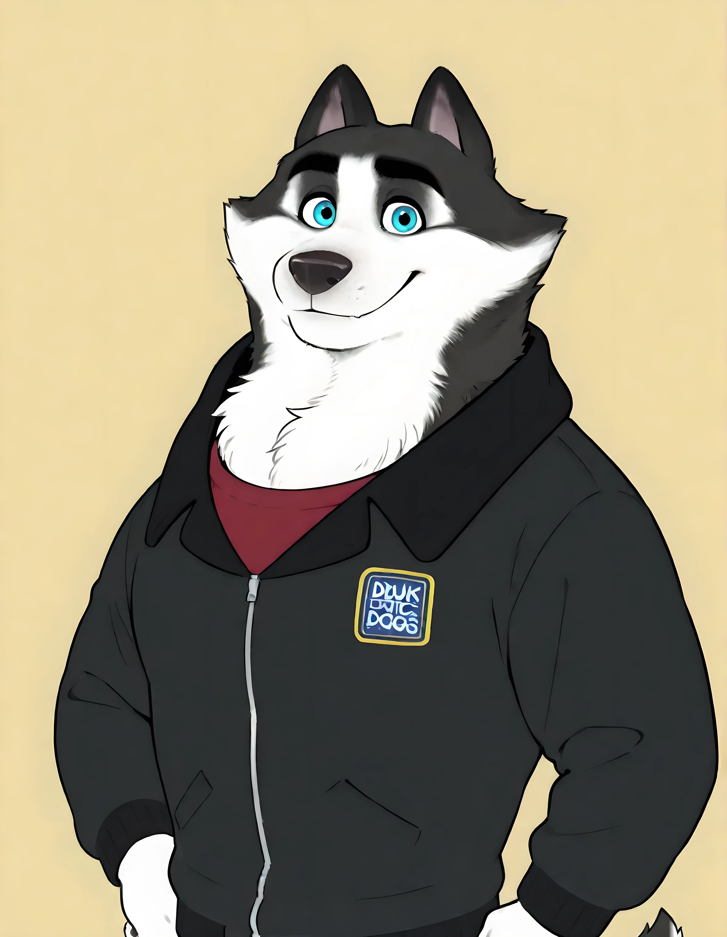 Duke (Arctic Dogs), anthro dog, black fur, white fur, male, blue eyes, black jacket, high quality, half body, looking at viewer, solo, flat color