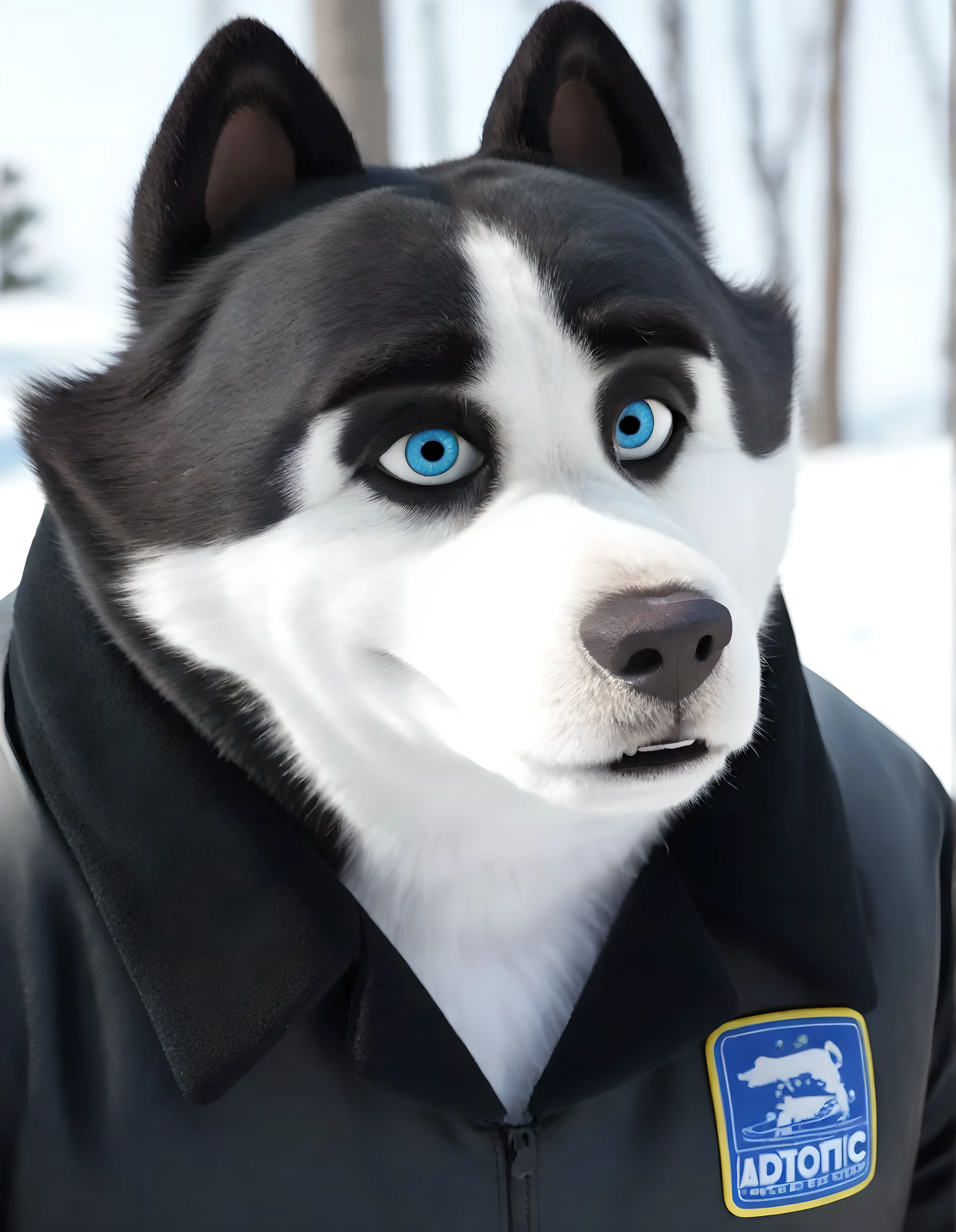 Duke (Arctic Dogs), anthro dog, black fur, white fur, male, blue eyes, black jacket, high quality, half body, looking at viewer, solo,
