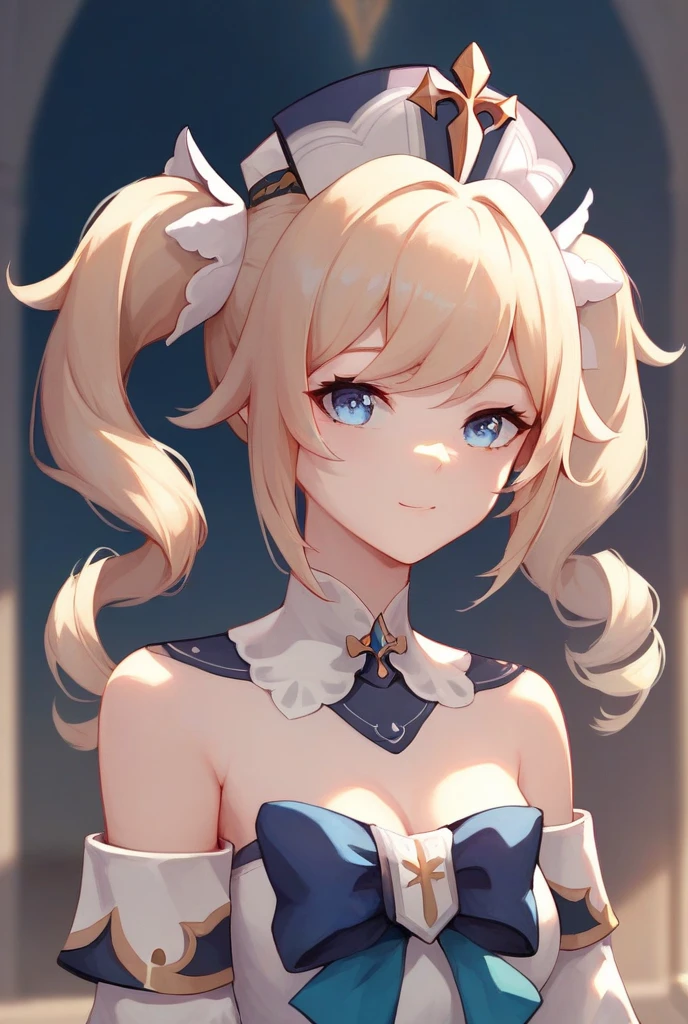 solo, 1girl, strapless, playboy bunny suits, simple background, seductive smile, middle breasts, middle hair, dark blonde, pony tail