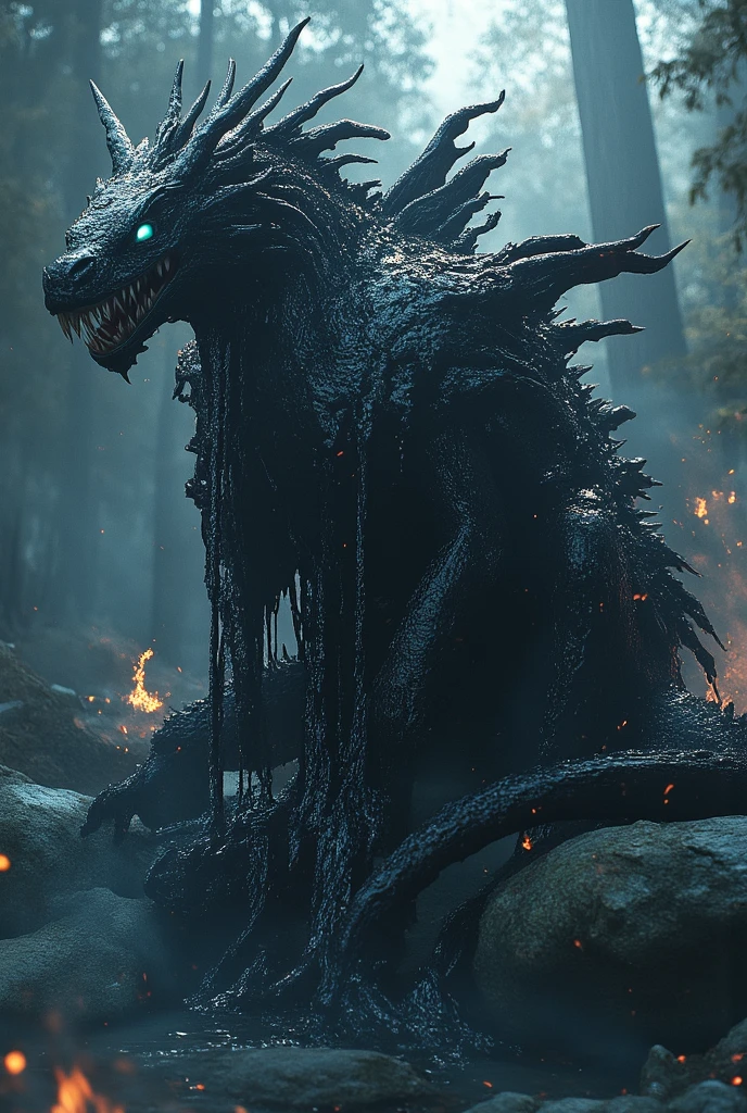 Monster head coming out of mountain on a black background, sideways , that covers the entire image