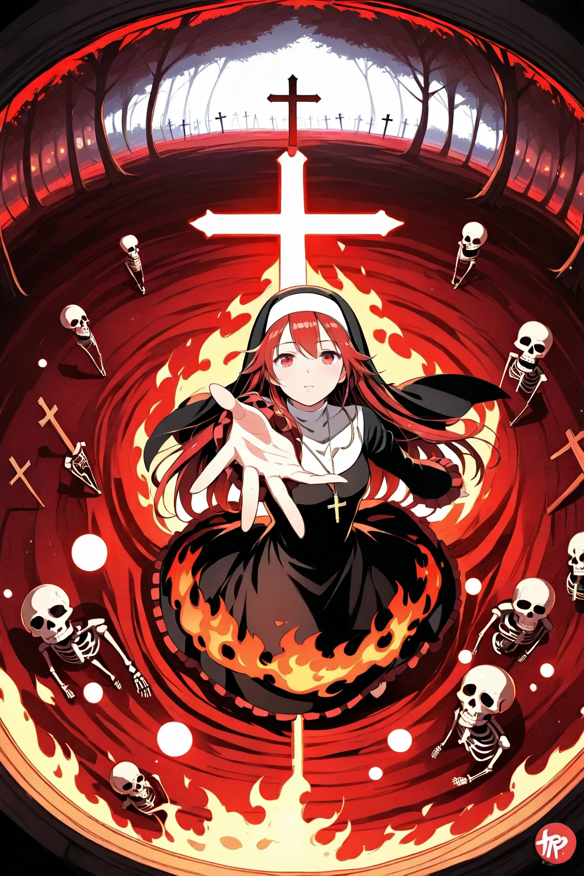 Anime character with book surrounded by horns and demons, an evil nun, artbook artwork, vampire nun,Obedience to the devil, epic light novel art cover, anime fantasy illustration,