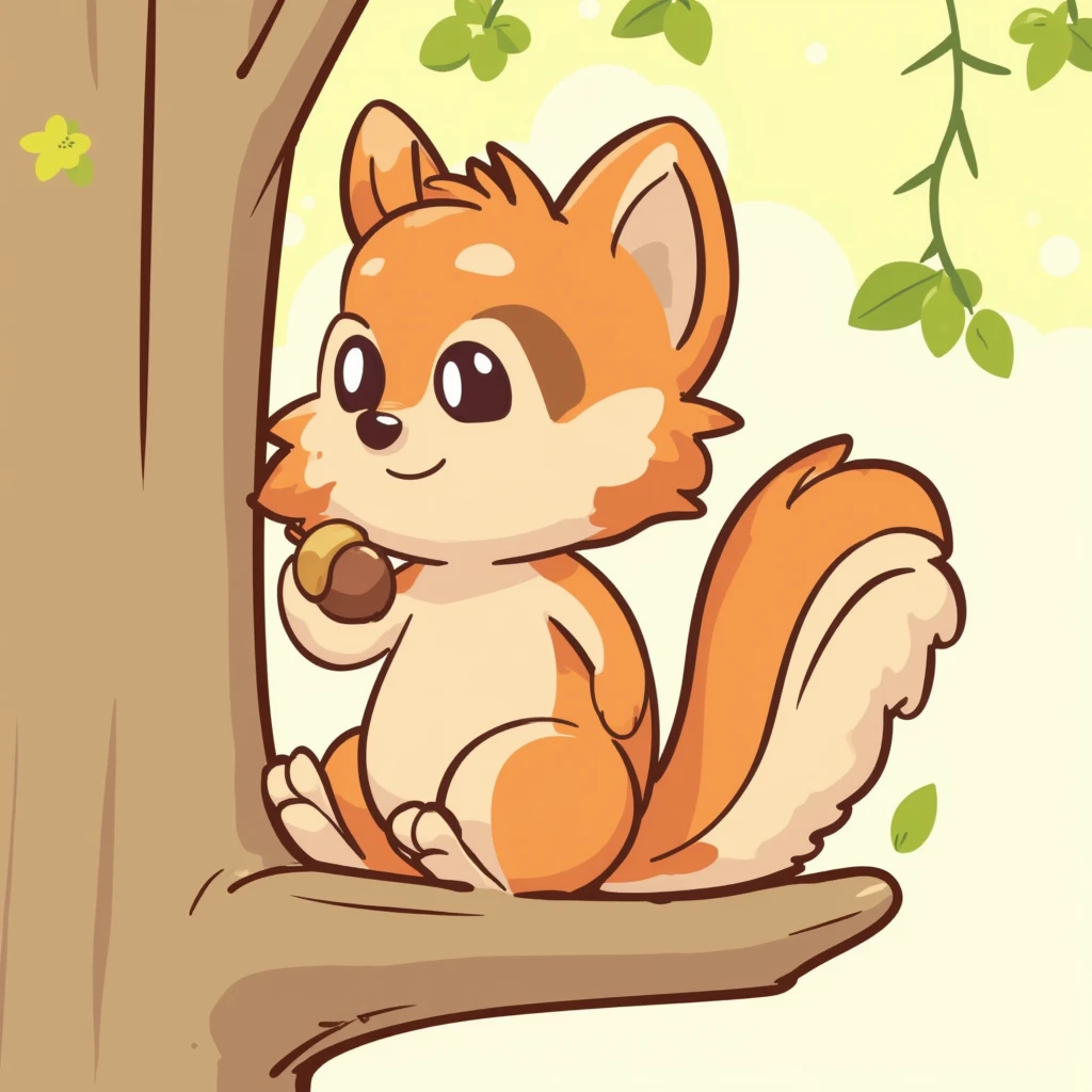 simple hand-drawn illustration “Level s can draw”、A squirrel holding an acorn on a tree、Clear Colours 、2D illustration、illustration、Anime Design、 Clear Lines 、Thick Line、simple illustration without gradation。No shading。