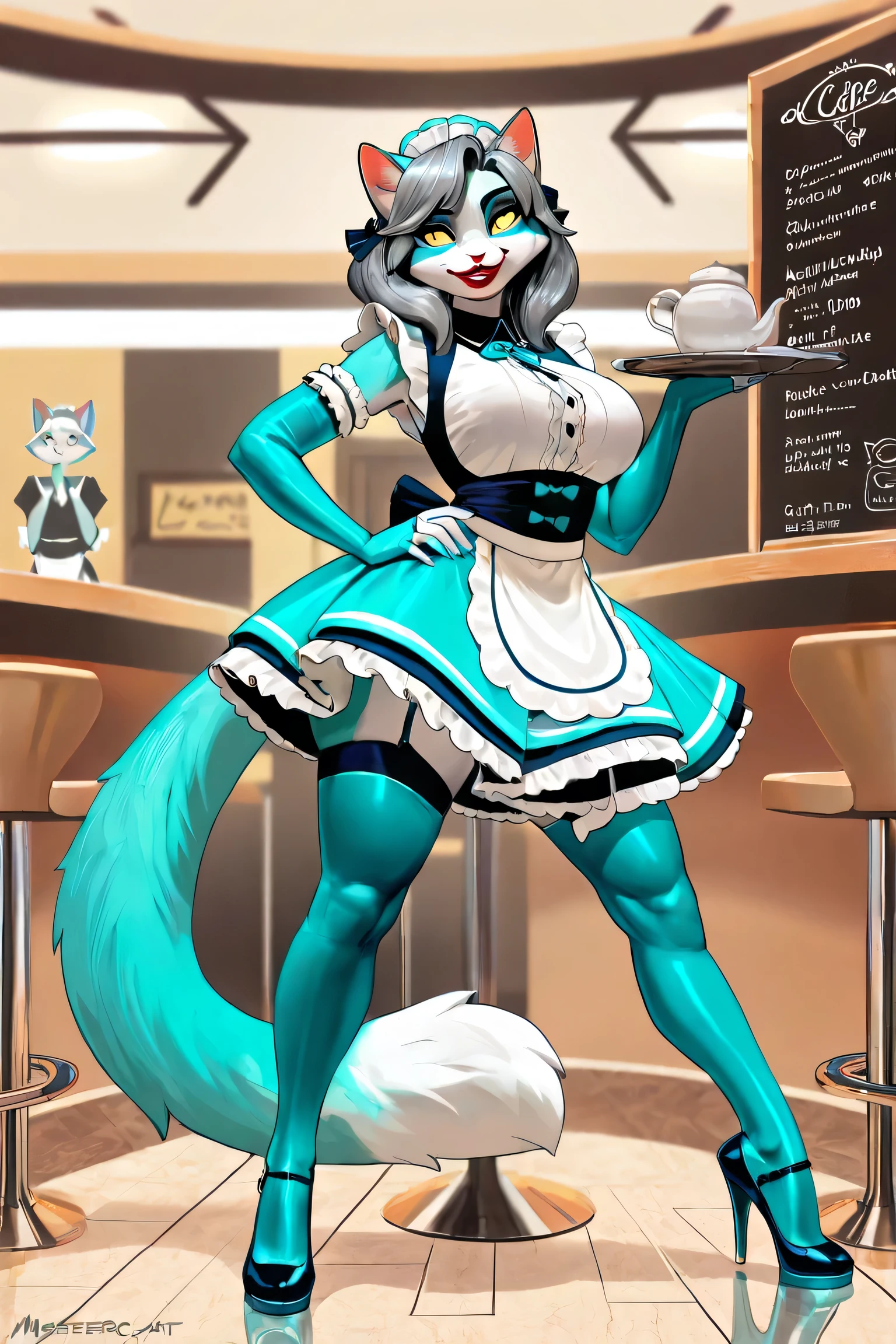 masterwork, high quality, adult female, (anthropomorphic cat), furry, teal colored fur, yellow eyes, grey hair, red lips, smiling, teal colored maid headdress, aqua colored thigh high stockings, turquoise colored elbow length fingerless gloves, cyan and blue high heels, waiting tables at a maid cafe, very detailed, dynamic pose, wide shot
