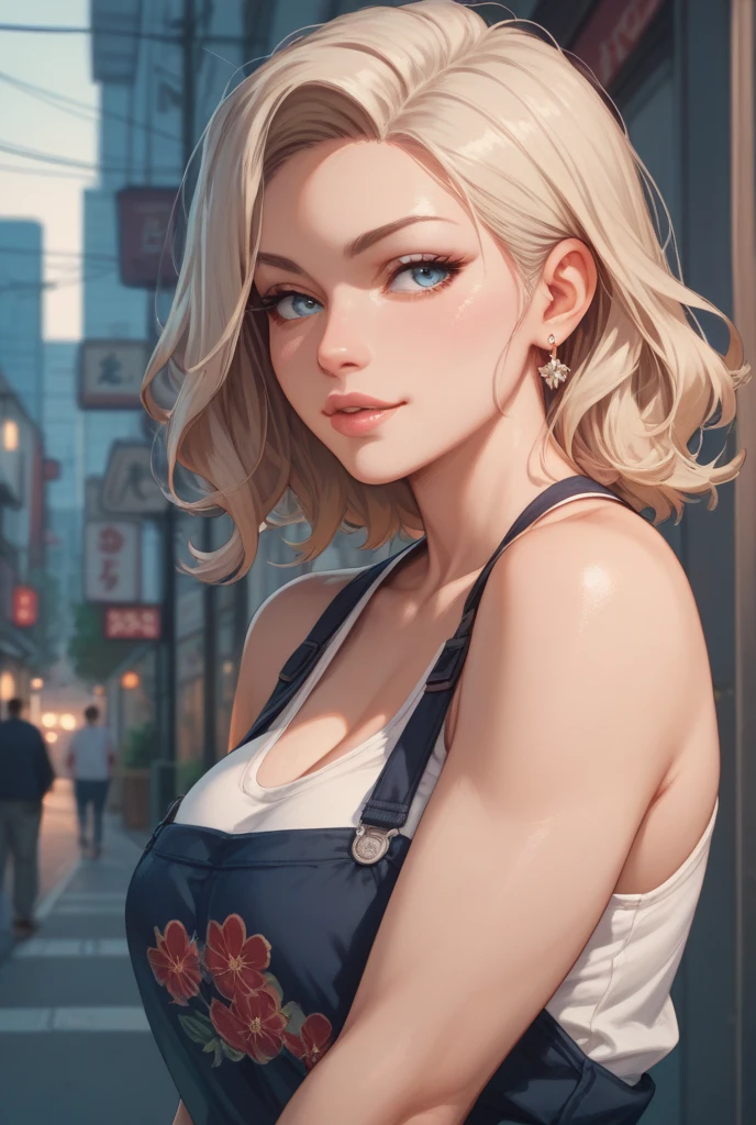 vampire,(night),blood,victorian,dress,artificial light,lamppost,docks,cleavage,hand on face,fangs,licking,freckles,bridge,body freckles,looking at viewer, Android 18