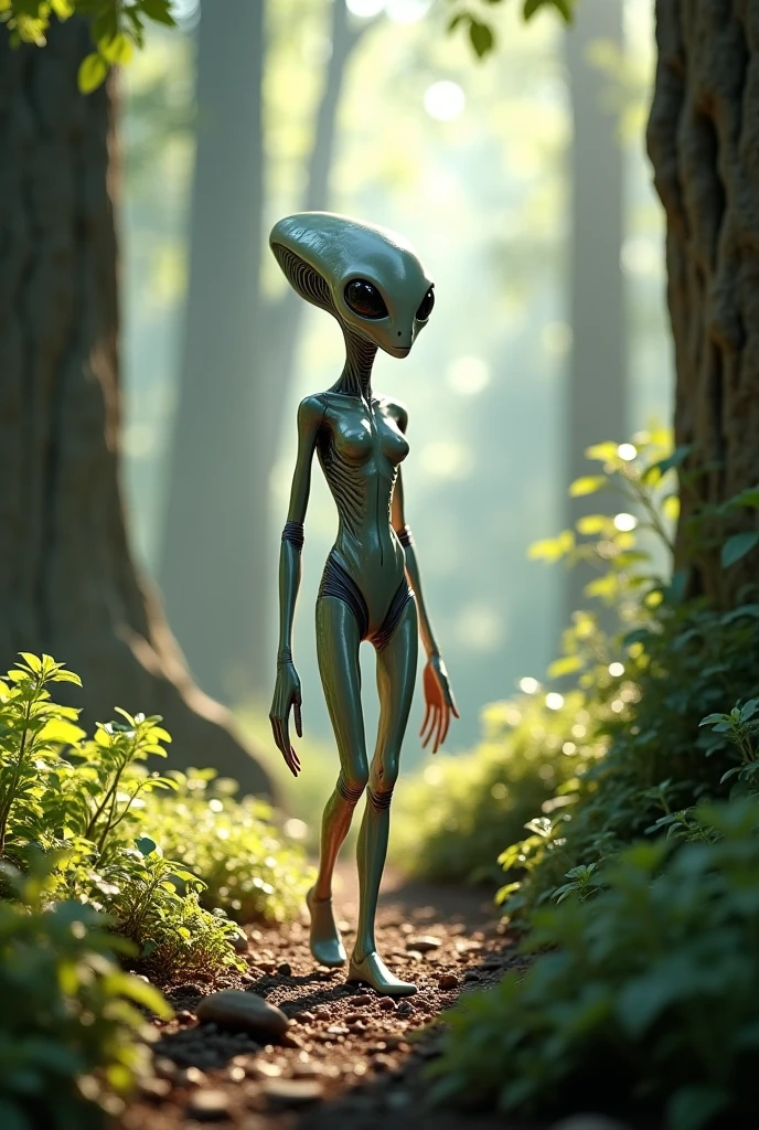(((Masterpiece))), (high quality),(one alien girl:1.2), 15 years old,(innocent smile),5 heads,(Skinhead,Gray aliens,Large, dark, almond-shaped eyes,:1.2),(No hair, no whites, no ears:1.3),(Wearing a silver body-fitting suit:1.2),(In the forest at night:1.5),(turn around:1.5)