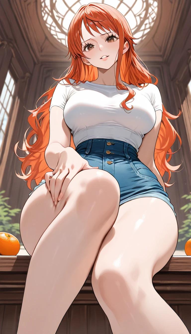 (masterpiece, best quality), 1girl, Sitting , plump, chubby, Orange long hair, Flowerpots, collared shirt, skirt, from below,