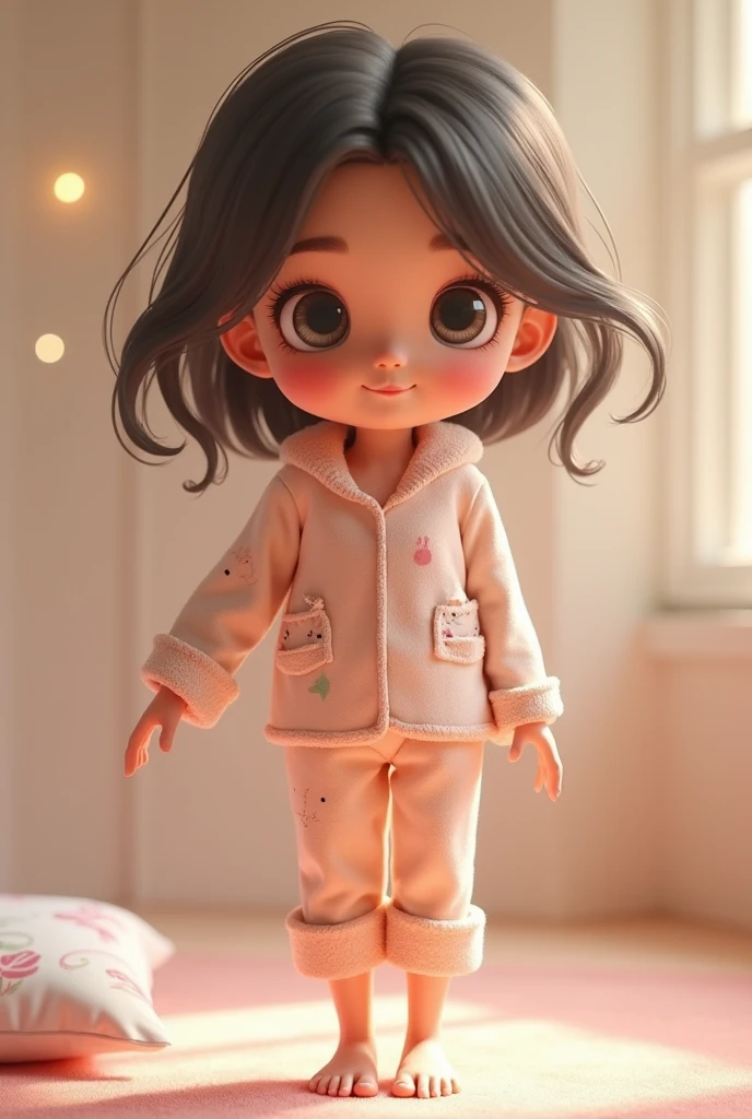 A teenage girl in her room looking at herself in the mirror, the room decor is pink and aero with, she is wearing sheep pajamas 