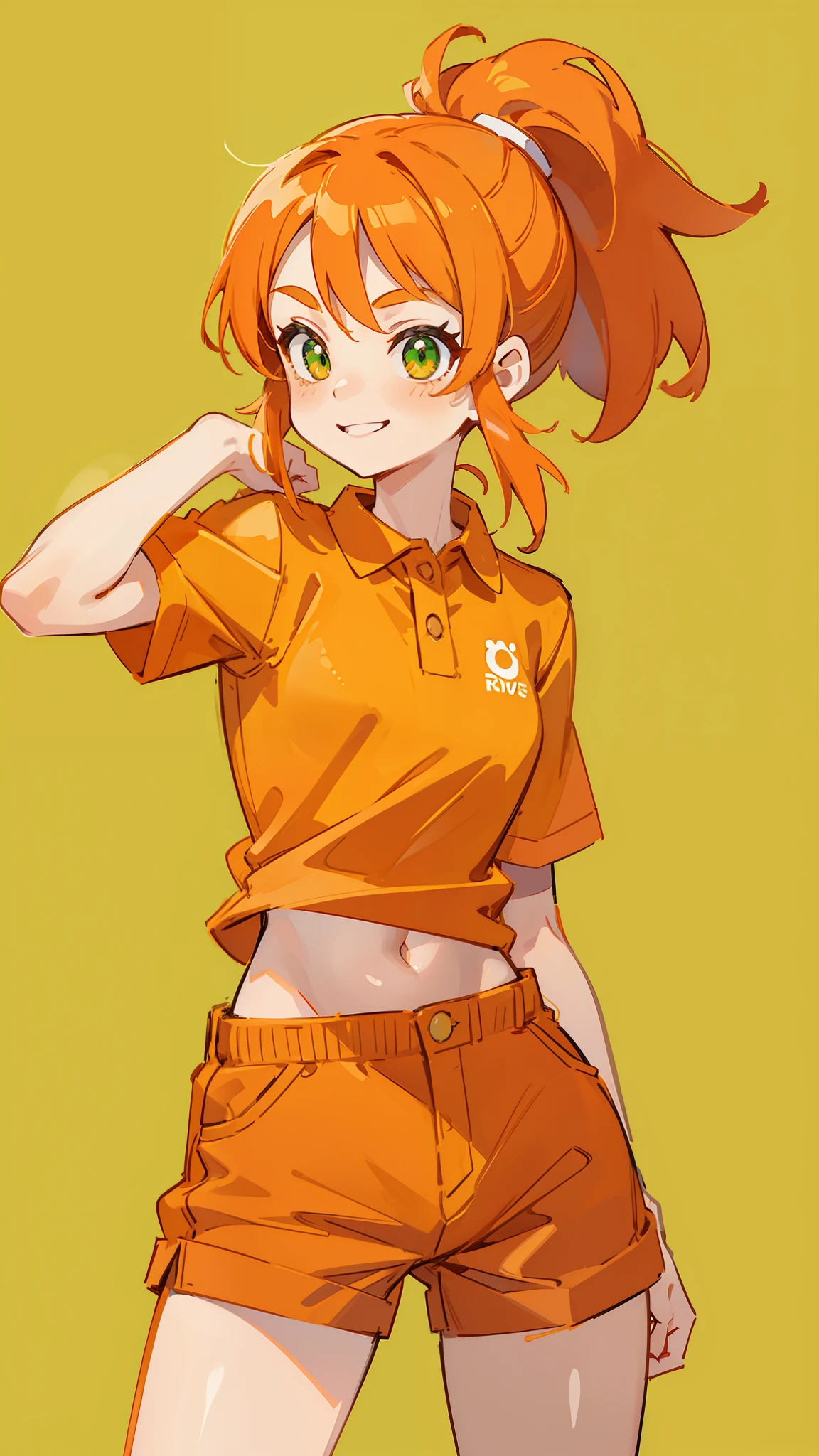 A woman in orange shirt and shorts posing for a picture - SeaArt AI