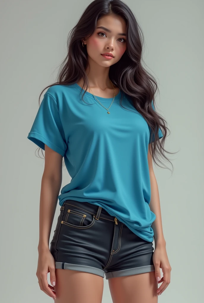 Model mock-up, Pakistani 24 years old very beautiful very charming girl wearing full black basic crew neck Teeshirt short sleeves, fashion pose, fashion poster, details face feature model look, medium length silky hair, DSLR camera result, 4k quality, light makeup, Sexy looks, oily skin, detailed eyes and lips, no smile, beautiful skin tone, her breast size is 36 cup C, her weight is 62kg, she's wearing full black plain round neck basic Teeshirt, short sleeves with dark blue diesel skinny jeans pant, fashion magazine cover, lose Teeshirt, baggy style full length Teeshirt oversized Teeshirt, fashion style, dirty wall behind, sunlight, daylights, wide hips and thighs, toned body shape,
