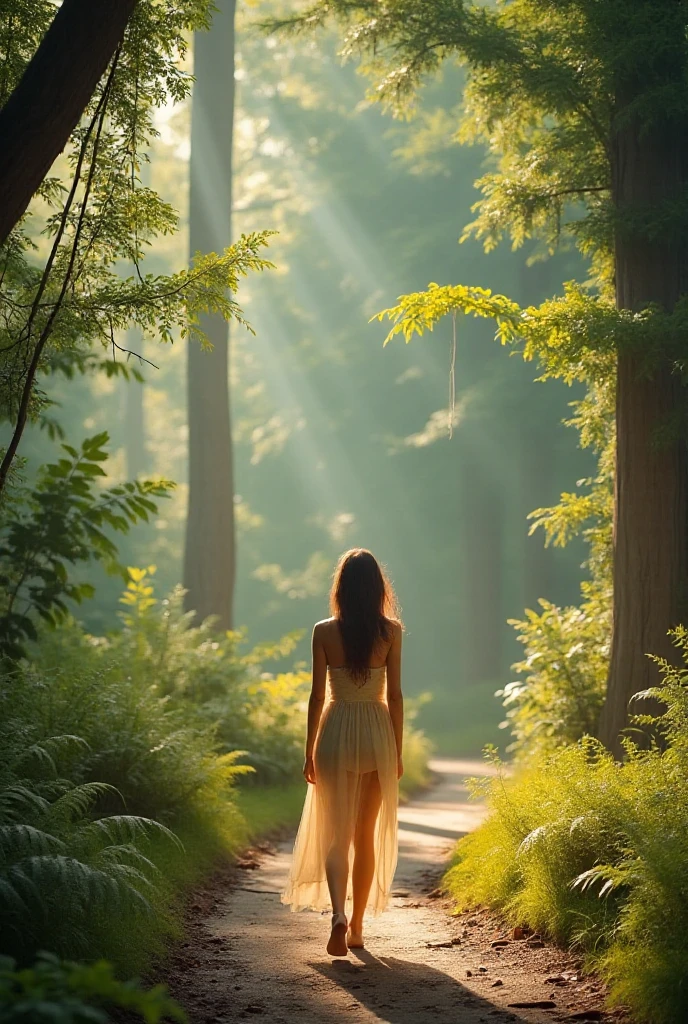 (Backlight),Forest exit,Decayed ruins in the depths,A girl looking back, looking small in the distance,Blonde,long hair,Pale white dress,Sad look