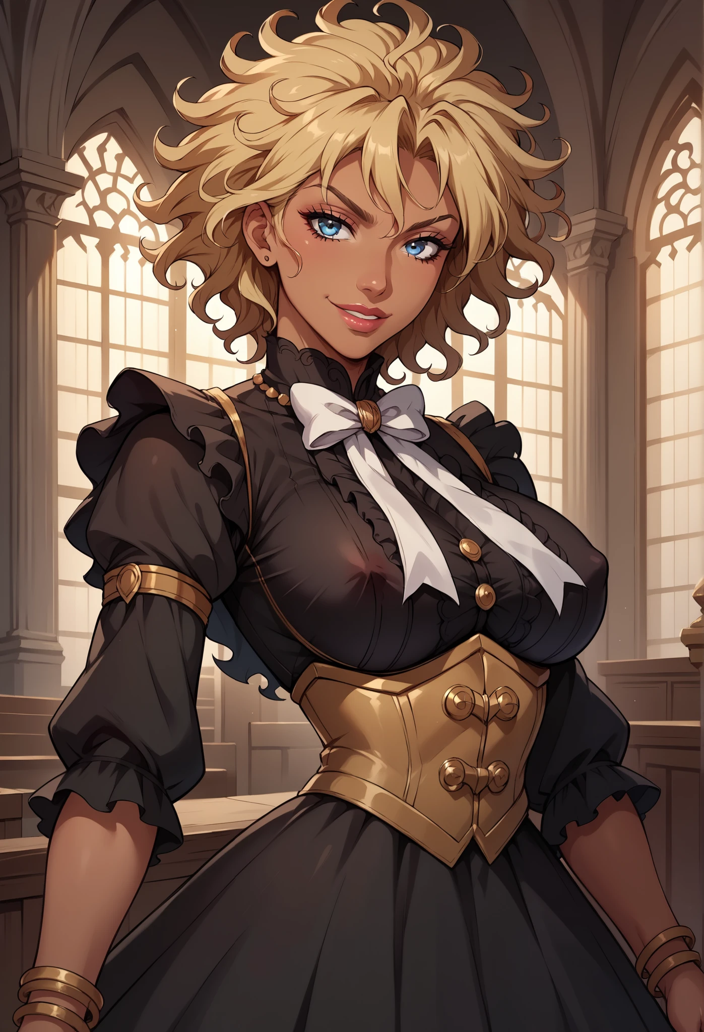SherryCromwellTMnI, 1girl, solo, dark skinned female, blonde hair, short hair, messy hair, wavy bob, bangs, blue eyes, lips, lipstick, large breast, pitch-black dress, dress ornament, gothic style dress, frills all over the edges, lace dress, black shoes, jewelry, corset, bracelet, white bow tie, wide sleeves,
seductive pose, sexy pose, tease, in the spotlight,,
smile, indoors, jojo reference,
score_9, score_8_up, score_7_up, beautiful aesthetic, very intricate, high quality details,vibrant, highly detailed, award-winning, professional,anime artwork, anime style, studio anime, athletic, curvy body, athletic girl, perky ,large breast,perfect , round breasts, nipple outline,looking at viewer, pinup pose,teasing, dynamic lighting, cinematic, smug, better than you, aura of temptation, highly detailed, high resolution, masterpiece, detailed clothes, detailed background, highly detailed, ((sound effects)) comic layout,