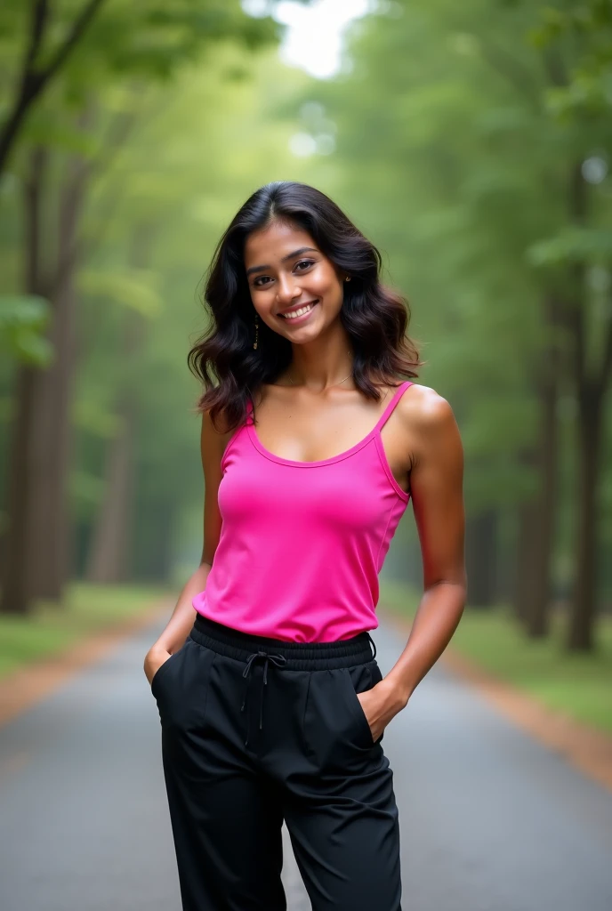 In an Indian park, a 24 year old girl named Shreya is wearing black jogging pants and a white vest. She is very beautiful but she is shocked.