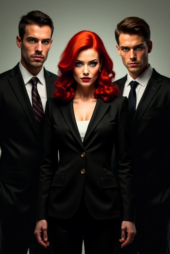 posing in the office, 30 year old redhead, making a gesture , large blue eyes, high cheeks, well defined jawline, big eyebrows , (ashen hair) . sexy look, (just face), (full body photo ), 4K, detailded, and two men at his side, they are 2, man 1 has brown hair and man 2 has blond hair, both fair skin, man 1 has brown eyes man 2 has green eyes, man 1 is wearing a white dress shirt and black pants man 2 is wearing a blue shirt