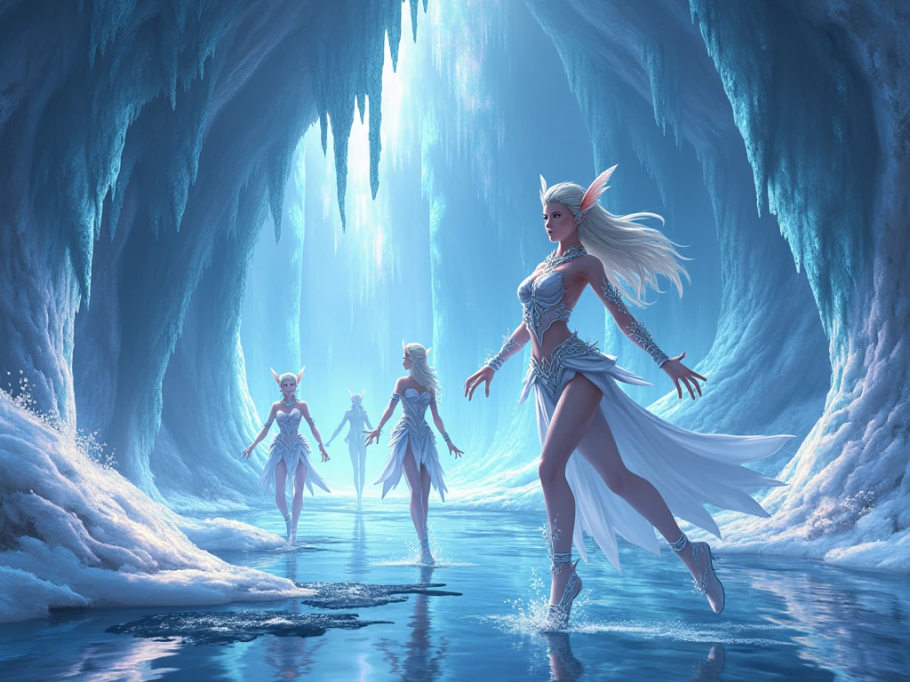 A large cavern alight with floating blue crystals aglow with an inner light, several female elves stand together overlooking a single crystal sphere leaking steam-like magical energy