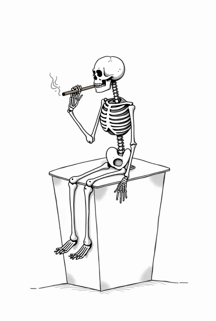 Smoking skeleton sketch with pencil black and white on a paper and the skeleton is in 3d in a circular window
