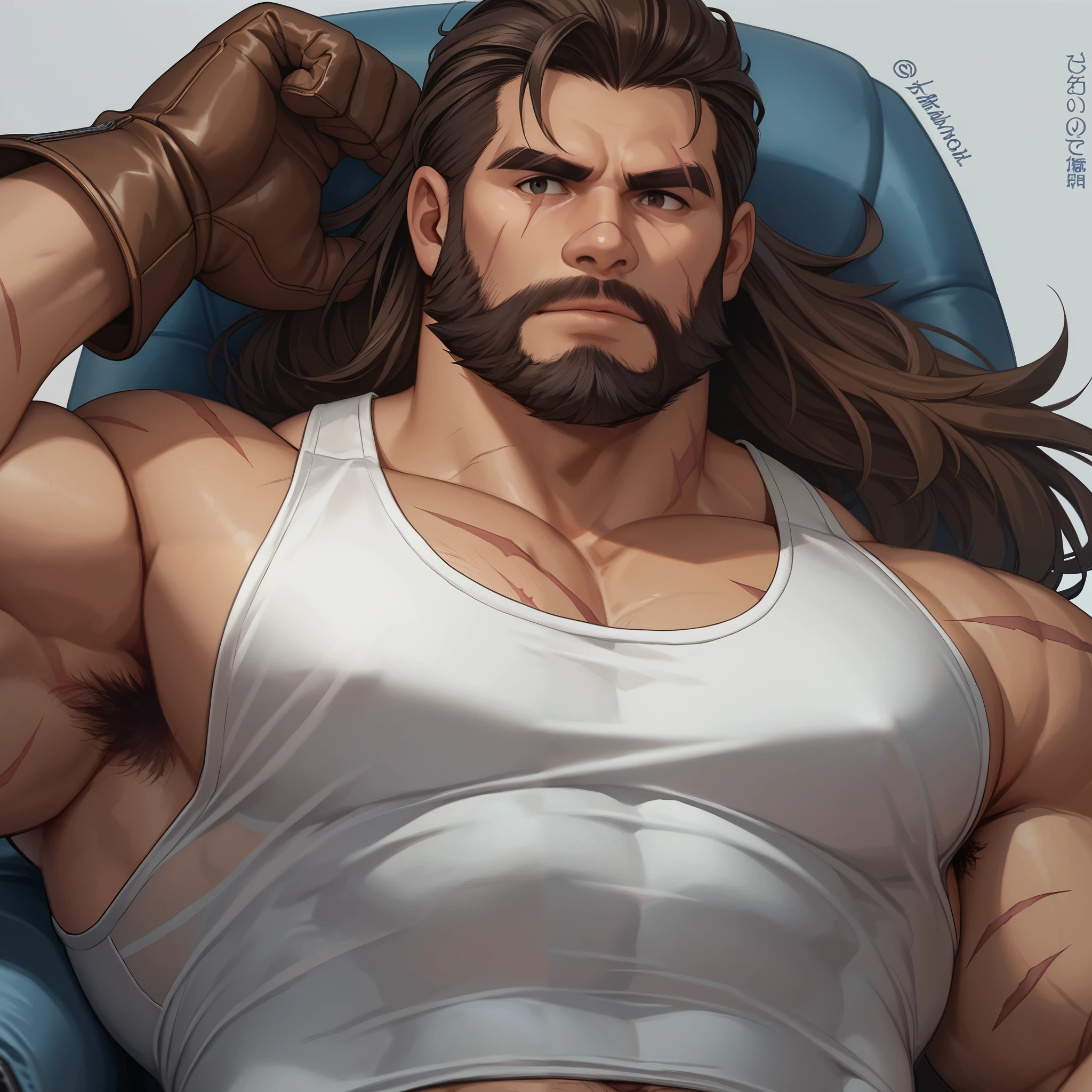 Man with very thin underwear and who is exaggeratedly muscular, exaggeratedly burly, and with huge pecs and hair in the armpits and on the chest.