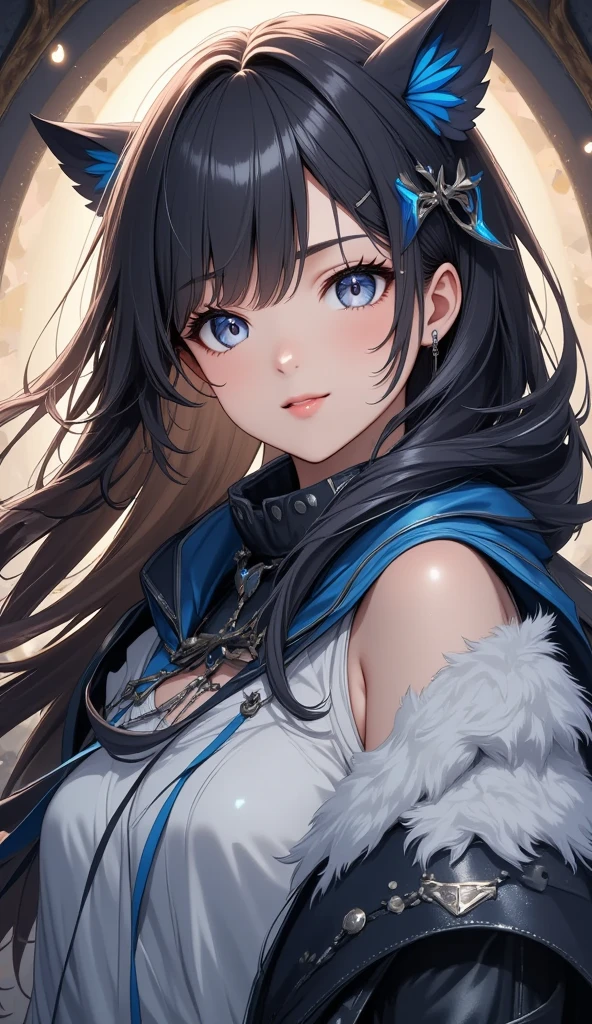 1Girl with cat ears in man、Black Hair、Iris、Black cat tail、Adventurer、Fantasy、Floating in the air、(Riding a large sword)、Skateboard pose、The background is blue sky、Masterpiece、