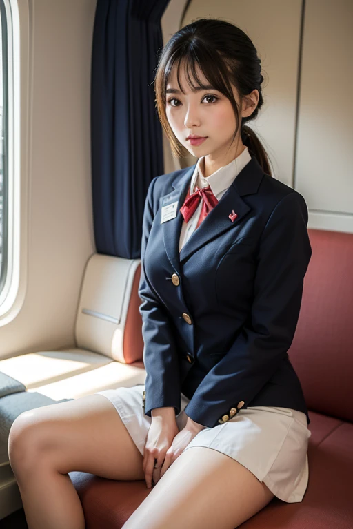 "(Masterpiece)、(Best image quality)、Short Bob Cut, 14 year old Japanese girl, uniform、Pleated skirt skirt,(( Accentuate your thighs)), White thighs, Soft thighs, Shiny thighs,(Commuter train))、((Sitting on a train), Under angle, (((Angle from below))),sitting in a train seat,Sit in front,(((Zoom camera on crotch))),Put your feet on the floor of the train,whole body,(Watch only viewers)", ((Japanese Idols、Pretty face))