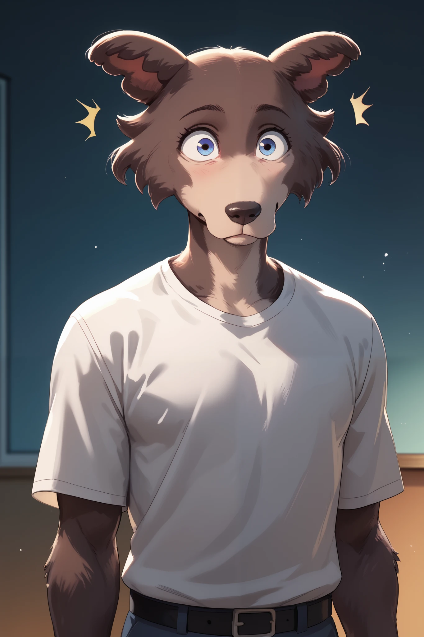 night room, anthropomorphic wolf guy, brown fur, thin, Surprise