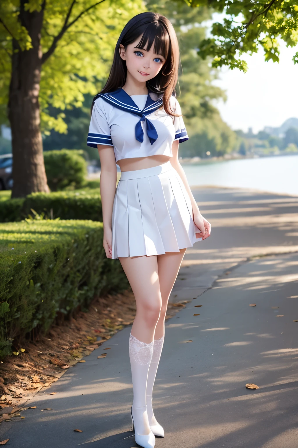 Best quality, full body focus, full body shot, perfect face, soft light, ultra high res, 8k, Masterpiece, , , view the viewer, full body , Front view, (1girl:loli:0.9), , Cute face, (blue eyes:1.5), (Light Blonde wavy Medium  hair, Bangs), beautiful (Medium breasts:1.3), , Beautiful boob, Beautiful finger, Beautiful hands, Beautiful arms, Beautiful feet, Beautiful legs, (high resolution detail of human skin texture) , ((white Short sleeves sailor uniform, white pleated skirt, knee-high socks, white with lace trim, white pin high heels)), , Summer, lake Side,, , (( standing, , smiling, nose blush) , )) , ,score_9, solo, no bra, no panties, ,