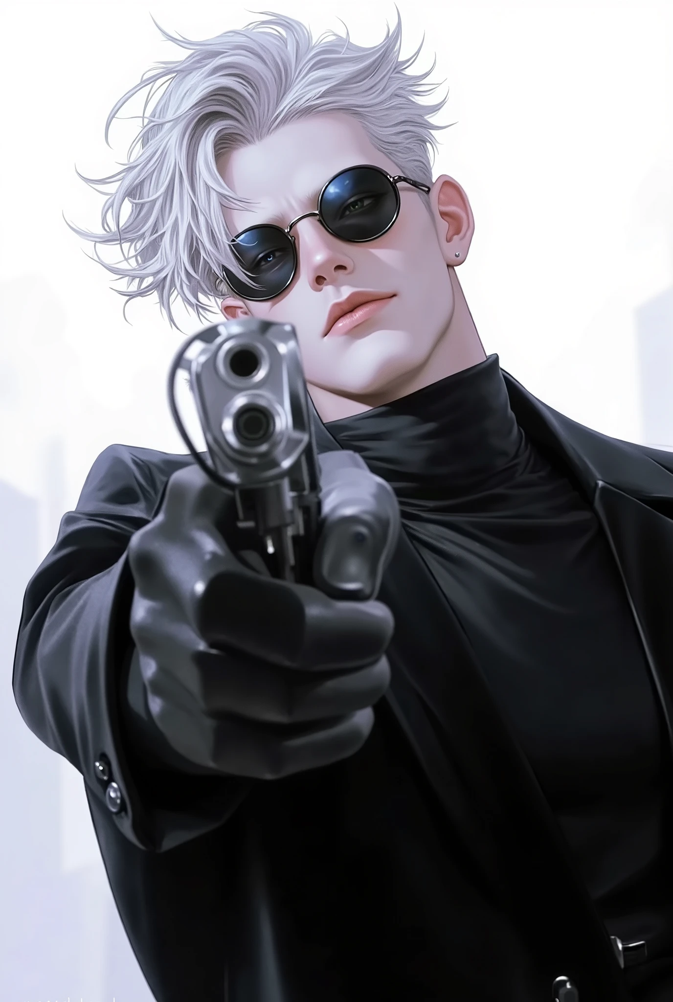 "8K, Masterpiece, Top Quality. A stylish anime male character with messy white hair, wearing round black sunglasses that slightly reveal his glowing blue eyes. He has a confident smirk and a charismatic yet intimidating aura. Dressed in a sleek black high-collared outfit with subtle details, he extends his arm forward, pointing a futuristic handgun directly at the camera. His grip is firm, and his posture is relaxed yet assertive, exuding dominance. The background is minimalistic, with soft lighting and a slightly blurred effect, enhancing the dramatic and cinematic tension. Ultra-detailed anime illustration with smooth textures, sharp contrast, and a modern, polished aesthetic."