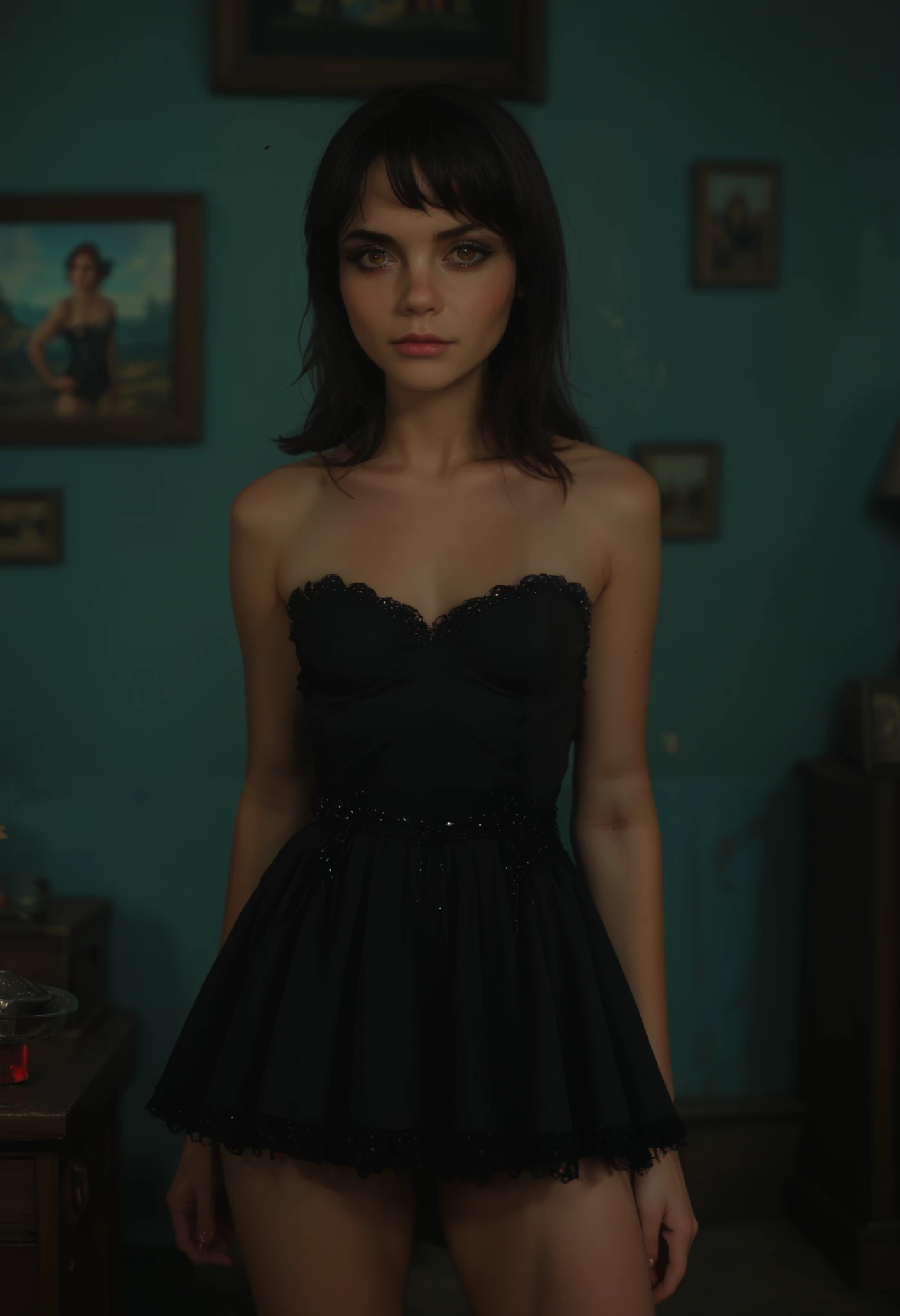 score_9, score_8_up, score_7_up, score_6_up, 16k, high detailed picture, realistic style, masterpiece, perfect absolutely small breasts, long straight hair, black hair, sexy gothic dress, microdress, tutu dress, cricci, accurate small nose, light skin, hazel eyes, nh, style of Philip Lorca diCorcia, 4lch3my_l4b