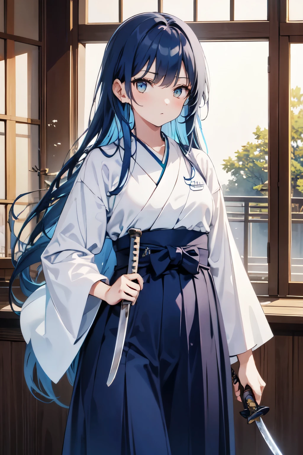 1girl, cowboy shot, holding katana one hand, blue hair, long hair, serious, navy hakama, white haori, looking at viewer,best quality, high solution