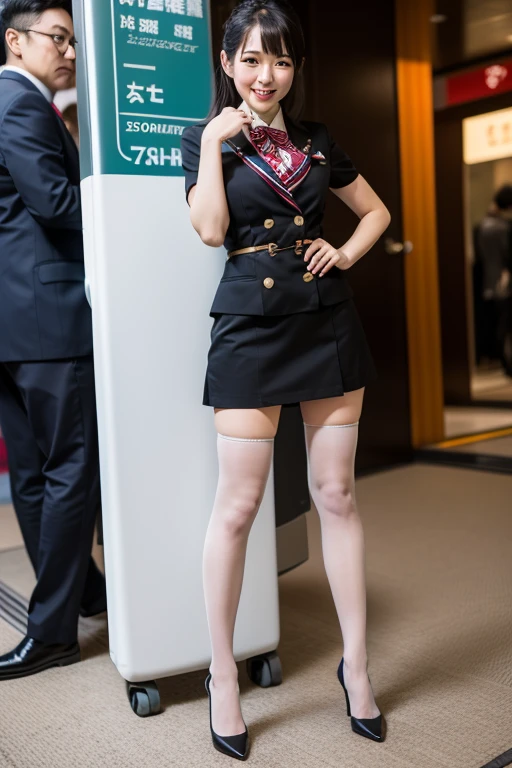 Highest quality,Ultra HD,(((whole body,With legs)))、(((Japanese flight attendant uniform 1.6))), (((Red striped tie, Tight Skirt,best-dressed uniform、Tekast, white formal short gloves,(黒のHigh heels), ((holding a mini microphone)),Japanese CA,A small smile,白いTight blouse)))、((navy bowler hat 1.4)), White gloves, High heels、(Photorealistic:1.4)、(Surreal:1.4)、(Realistic:1.3)、 (Gentle lighting: 1.05)、32K、 One Woman、35-year-old woman、Photorealistic Lighting、Backlight、Facial Light、Ray Tracing、(bright:1.2)、(Improvement of quality:1.4)、 (Highest qualityのリアルテクスチャスキン)、Beautiful Eyes,delicate and elegant features, White blouse,Tight blouse,tight best-dressed uniform, (Enhance your body line:1.1),((Glowing Skin 1.4))、((blonde short bob 1.5)),Korean Idol、Idol Pose、A small smile,blush,Beautiful actress、A proper woman,whole body, (((Small and beautiful breasts))),(Perfect teeth alignment),narrow waist and hips,Beautiful legs,Full Shot)、(((Charm、Embarrassing))),(eye shadow),((Red cheeks、Red lips)),Very beautiful night view、At night,A small smile,(((Full Shot)))、(((airport terminal background 1.5))),