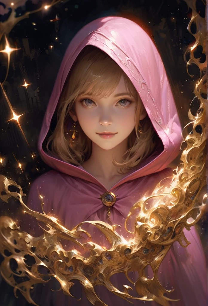 Best picture quality, role-playing game world, lovely five-year-old girl, ochre-colored mushroom-cut hairstyle, amazingly large shining eyes holding a magic wand and wearing a black scarf and gray robe-like clothes, long eyelashes, neat , friendly and bright smile, braveand accompanied by a wizard and a warrior,