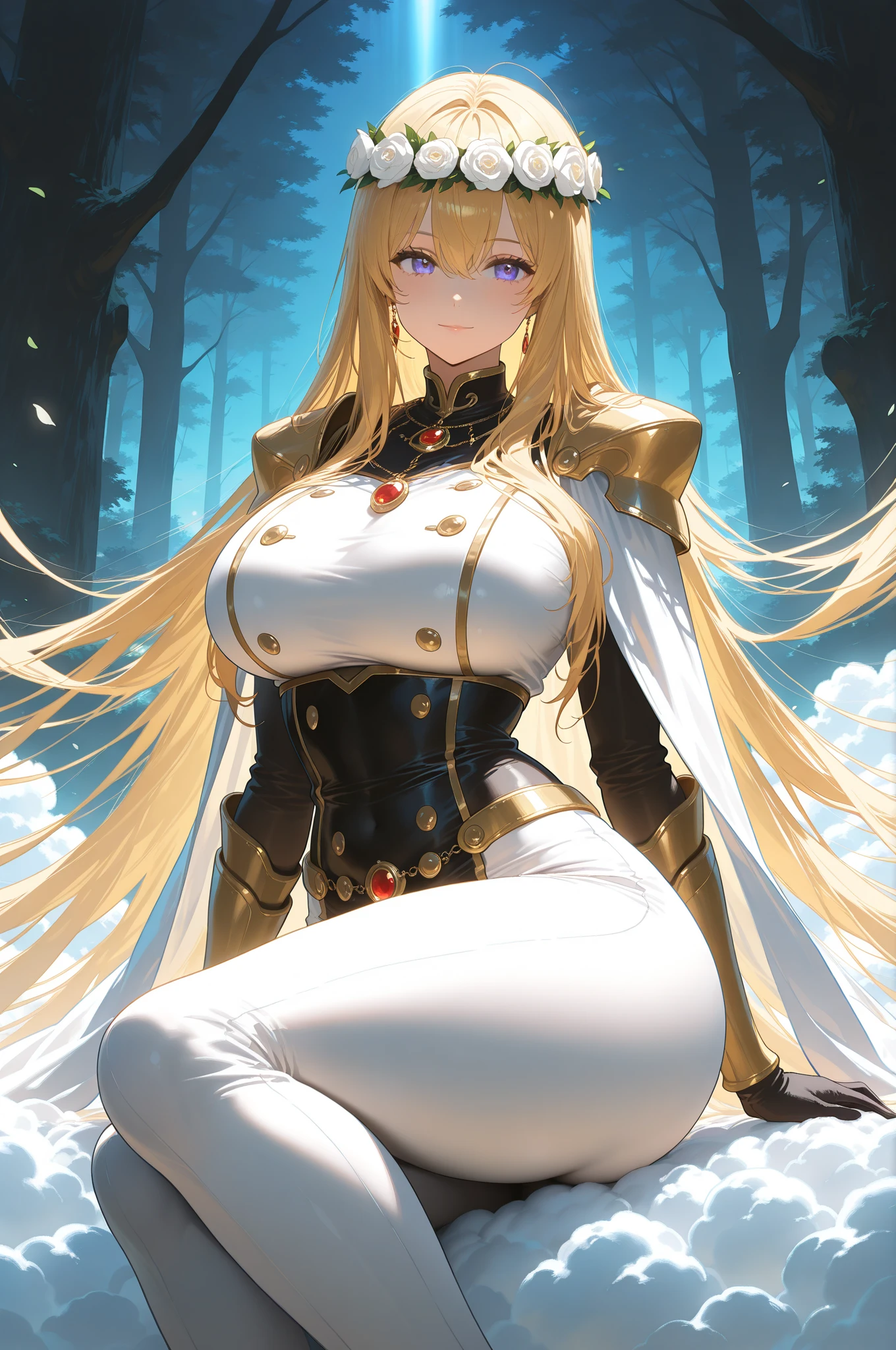 alone woman // super heroine // White clothes: short skirt, top with neckline, high boots and mini cover // long golden hair // green eyes // full body // exposed belly // big breasts (E cup) // blonde