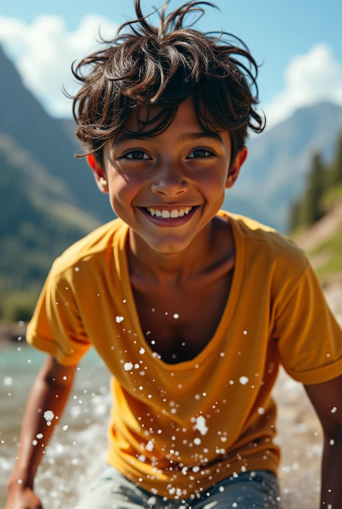 A boy laughing and drooling with white teeth and dirty hair