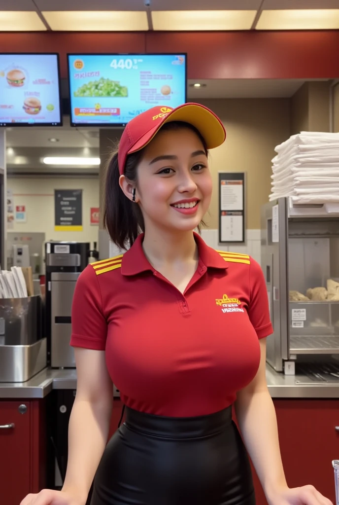((8K, Best Quality, Ultra High Resolution, Photorealistic:1.3)), Hamburger clerk, facing viewer, woman in red and yellow uniform, visor and skirt, mc Donald's employ in red skirt and yellow button up shirt, pigTails brown long hair , Very short pleated red skirt and suspenders, wearing a fitted yellow button-up shirt with a deep neckline, cute latina chika with long brown pigtails, tattoos, 8k high quality detailed art, ordering mc meaties from the cute mexican counter girl