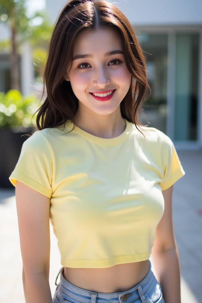 Highest quality,High resolution,8K quality,Girl, Looking this way and smiling,Composition from the waist up:1.5,Brown hair in a ponytail, White T-shirt with green stripes, White Dragon
