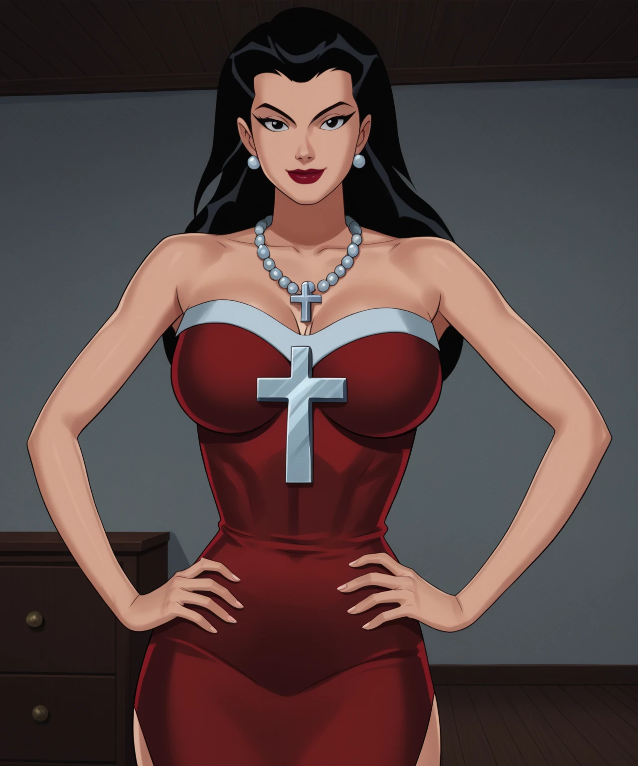 senjumaru shutara, long hair, bangs, blunt bangs, black hair, sidelocks, (black eyes:1.5), makeup, lipstick, red lipstick, muscular female, anatomically correct, mature female, curvy, huge breasts, breasts, dress, high_heels, large_breasts, solo, gloves, cleavage, full_body, looking_at_viewer, jewelry, bangs, earrings, tiara, white_dress, strapless, alternate_costume, strapless_dress, standing, bare_shoulders,