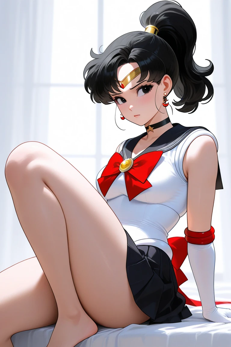 A high school girl with black hair, freckles, glasses and a ponytail is dressed as Sailor Mars in her room, wearing red high heels and white gloves with a displeased look on her face.