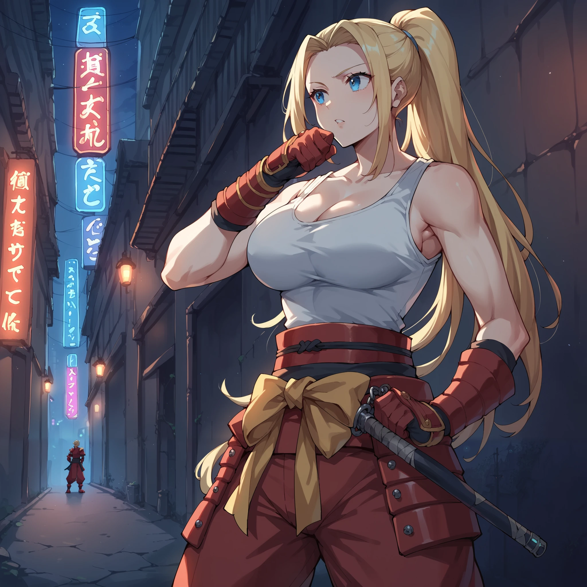 score_9,score_8_up,score_7_up,score_6_up, source_anime, zPDXL, girl,long hair, blonde hair, ponytail, blue eyes, white tank top, red (samurai armor), red gloves, pants, , (getting ), night city, neon lights, dim lighting, dark alley,
