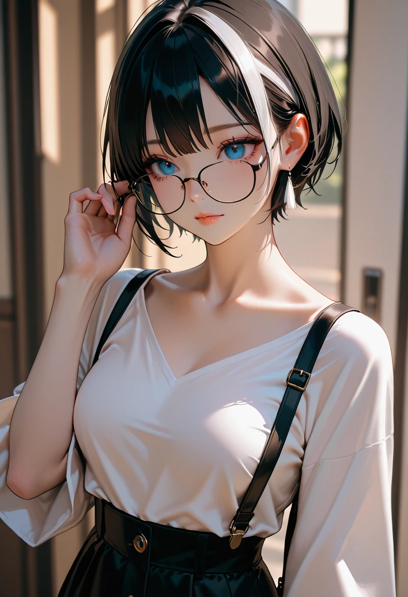 (masterpiece, best quality), 1girl,   <lora:Aya Miiko:1> 1girl, 3dcg 03, aya miiko, blue hair, blunt bangs, bob cut, large breasts, medium breasts, red eyes, semi-rimless eyewear, short hair, sidelocks