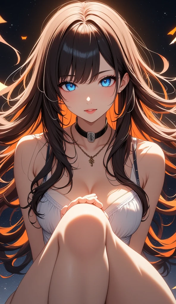 Red eyes,Holo,Fox ears, (downblouse), (loose t-shirt:1.5), leaning forward, sagging breasts,cleavage,Brush your hair up, looking viewer, breasts_silhouette, lighting, body Silhouette, (See-through:0.5)
