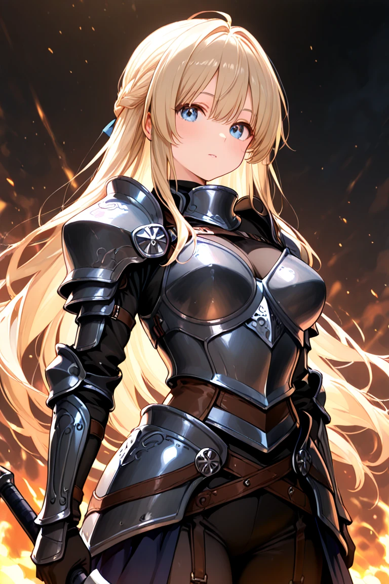 the grassland、1 30-year-old female、Blonde long hair、Knight Commander、messy armor,bodysuit,Put on a helmet、(Holding a sword、Claymore Great Sword),She is fighting monsters
