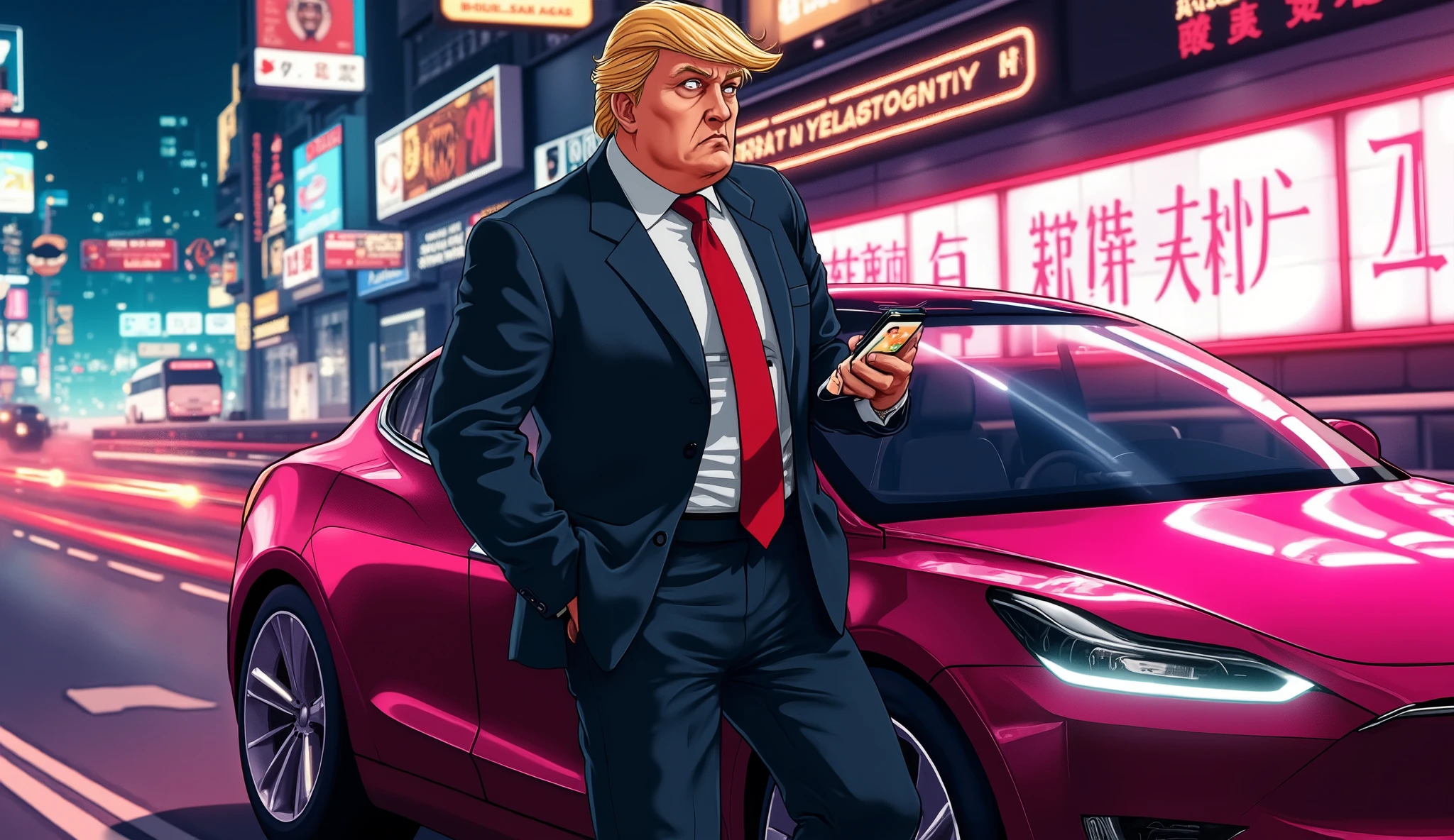 Realistic, retro 90s anime illustration in 16:9 featuring Donald Trump in a humorous, action-packed cameo for a Tesla ad. The scene shows him leaning against a Tesla, with one hand in his pocket and the other holding a smartphone displaying a live tweet about "making Tesla great again." The background is an energetic mix of neon colors and dynamic lines, with futuristic elements and playful digital effects that nod to recent controversies, all rendered in bold, classic 90s anime style. 90s anime --ar 16:9