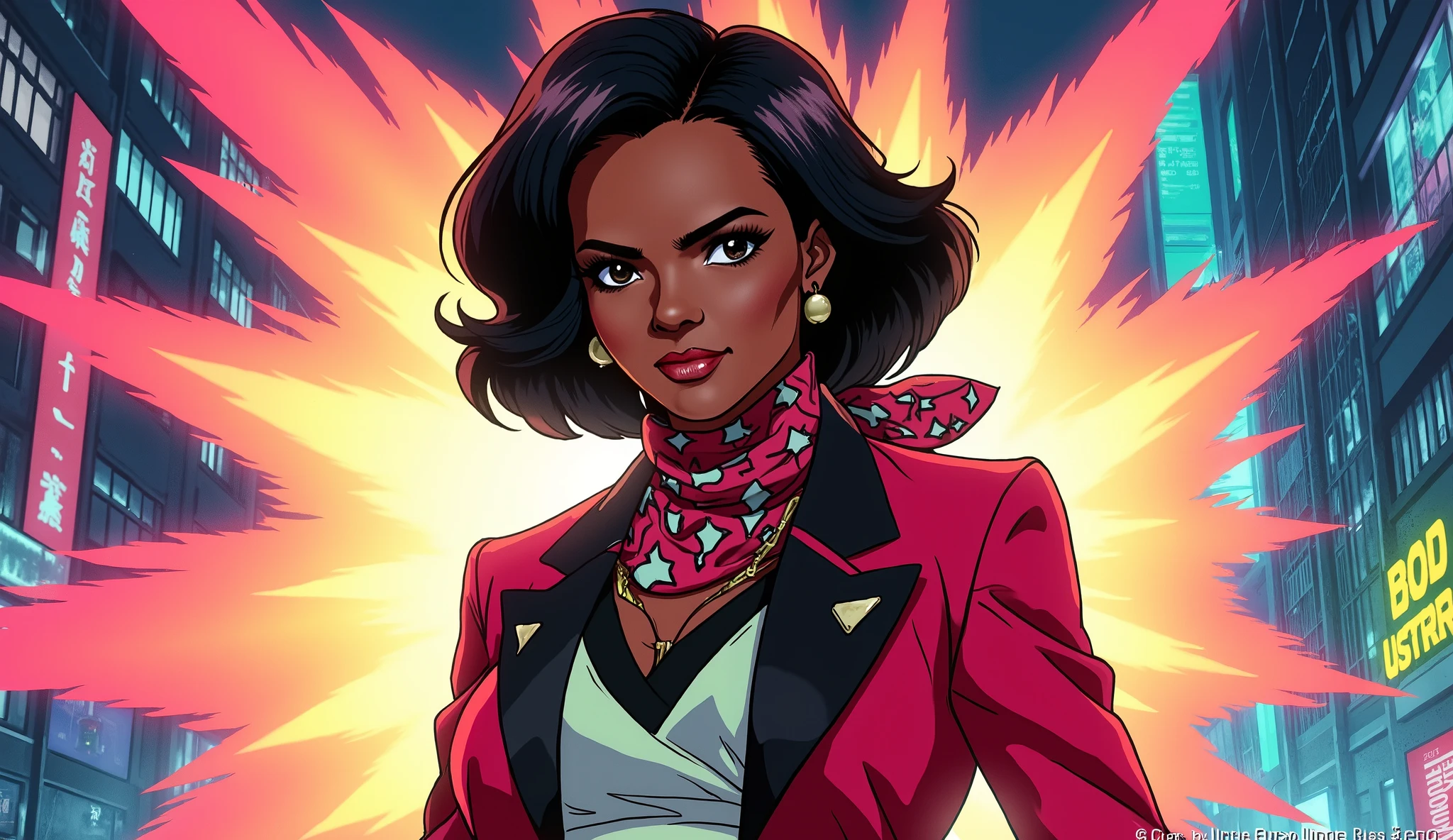 Realistic, retro 90s anime illustration in 16:9 presenting Candace Owens as a bold, trailblazing heroine. Candace Owens is depicted with strong, expressive features—sharp, determined eyes and a confident, engaging smile. She sports a stylish, form-fitting power outfit with retro accents, such as a fitted blazer with bold, angular designs and a patterned scarf. The background is a dynamic urban scene filled with vibrant neon bursts and abstract shapes, emphasizing her fearless, energetic persona in true 90s anime style. 90s anime --ar 16:9