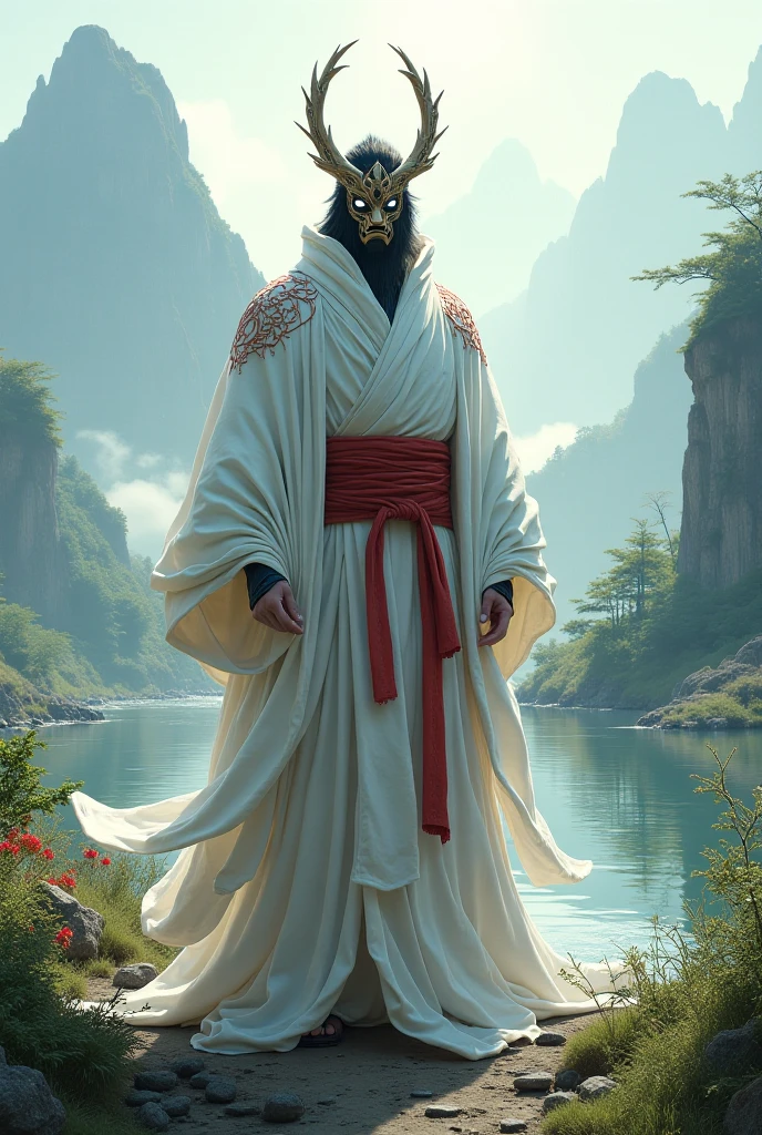 painting of a man in a red robe standing in front of a large buddha statue, by Han Gan, by Bayard Wu, by Li Zai, guweiz masterpiece, makoto shinkai and tom bagshaw, the buddha, by Raymond Han, traditional japanese concept art, by Yang J, buddhism, by Ma Shi, by Pu Hua, by Ruan Jia