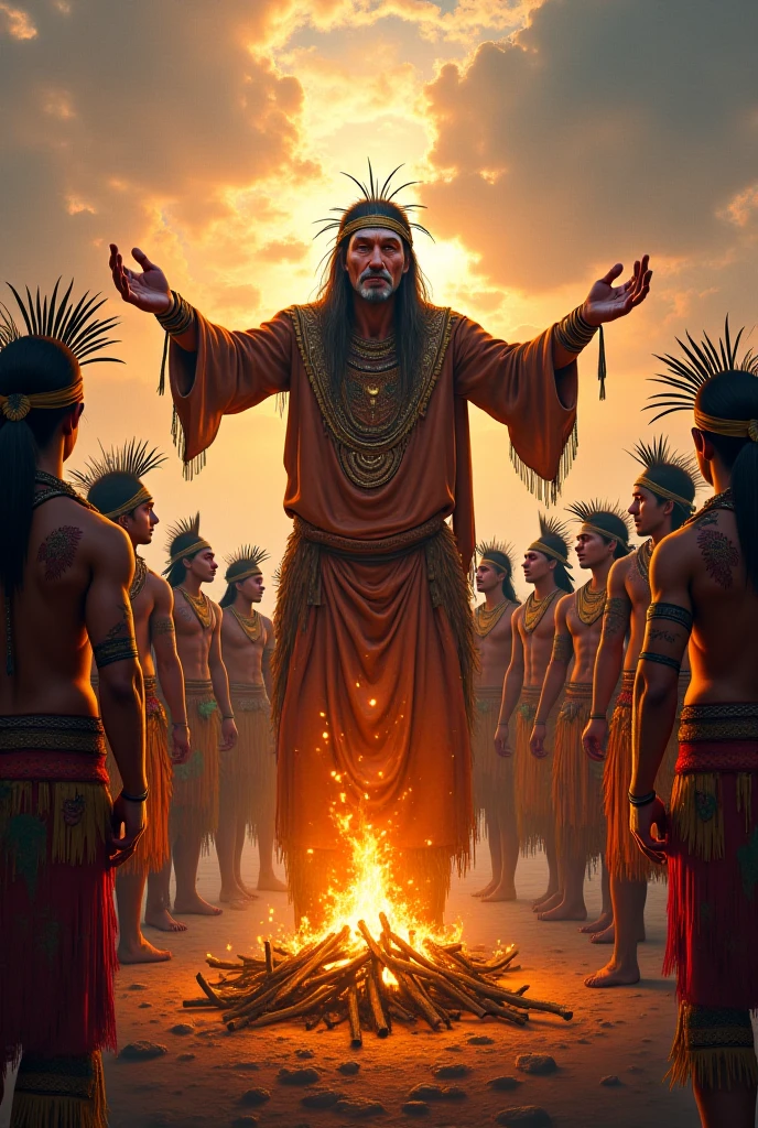 scene with several indigenous people worshiping Tupã, god of Brazilian indigenous mythology, in the middle of the forest, they must bow before Tupã. the tupa must be floating in front of them amid flames and lightning in an epic scene 
