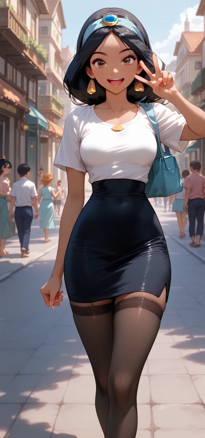 Masterpiece, beautiful art, 8k, art style by sciamano240, very detailed face, detailed hair, detailed clothes, detailed fabric, 1girl, beautiful face, long hair, pink hair , model head shot, facing camera, very detailed green eyes, sultry smile, wearing tank top , black dior thigh boots, black pencil skirt, walking , out shopping, necklace, chocker, rosey cheeks, sunny summer setting, full body rear view,