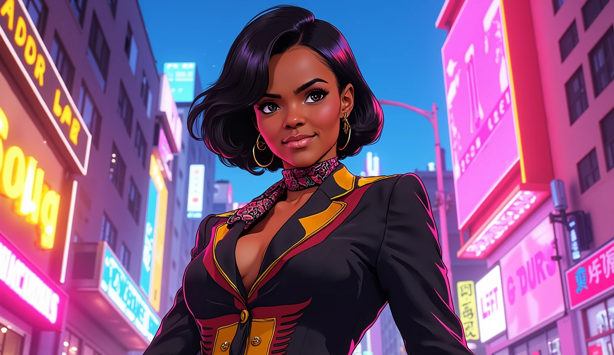Realistic, retro 90s anime illustration in 16:9 presenting Candace Owens as a bold, trailblazing heroine. Candace Owens is depicted with strong, expressive features—sharp, determined eyes and a confident, engaging smile. She sports a stylish, form-fitting power outfit with retro accents, such as a fitted blazer with bold, angular designs and a patterned scarf. The background is a dynamic urban scene filled with vibrant neon bursts and abstract shapes, emphasizing her fearless, energetic persona in true 90s anime style. 90s anime --ar 16:9